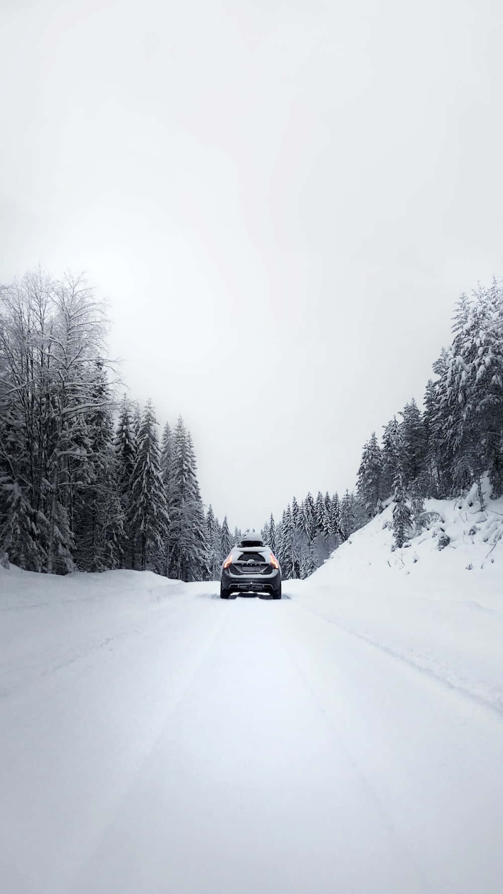 Snowy Road 桌布 壁紙 — 一輛黑色SUV在陰沉的冬日天空下，行駛在被茂密常綠森林環繞的積雪道路上。