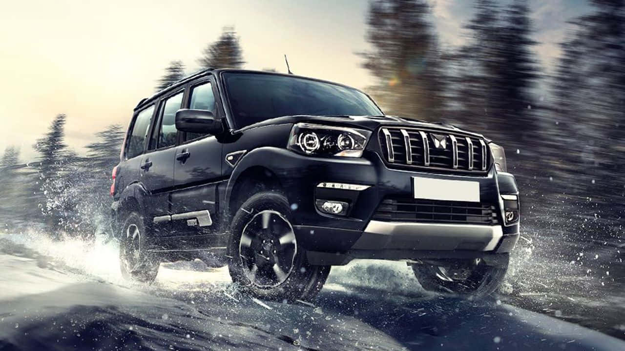 Mahindra Scorpio 桌布 壁紙 — 一輛黑色SUV在雪地中強勁行駛，濺起水和雪，背景中的松樹模糊不清。