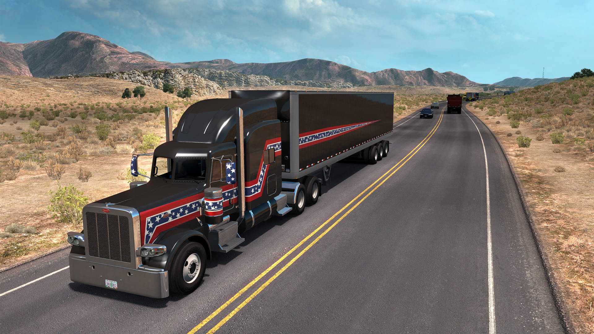 American Truck Simulator 桌布 壁紙 — 一輛黑色半掛卡車帶有紅、白、藍愛國圖案，在乾旱山丘環繞的沙漠高速公路上行駛，天空清澈湛藍。