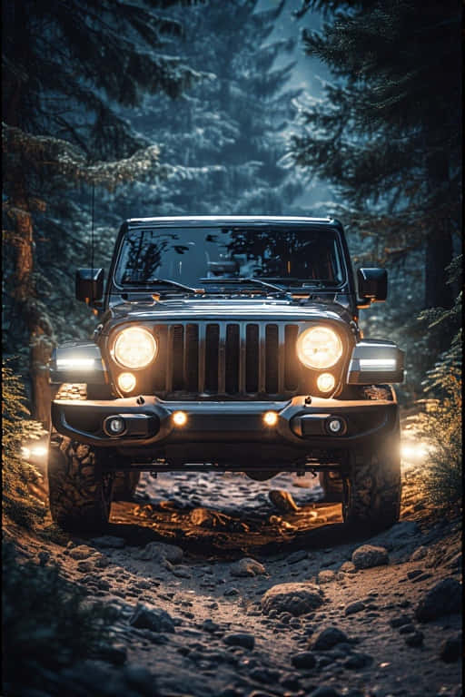Jeep Wrangler illuminating a rocky trail with its headlights at night. 壁紙 — 一輛黑色吉普牧馬人，車頭燈發光，在霧氣濛濛的藍色暮色天空下，沿著岩石森林小徑向前行駛。