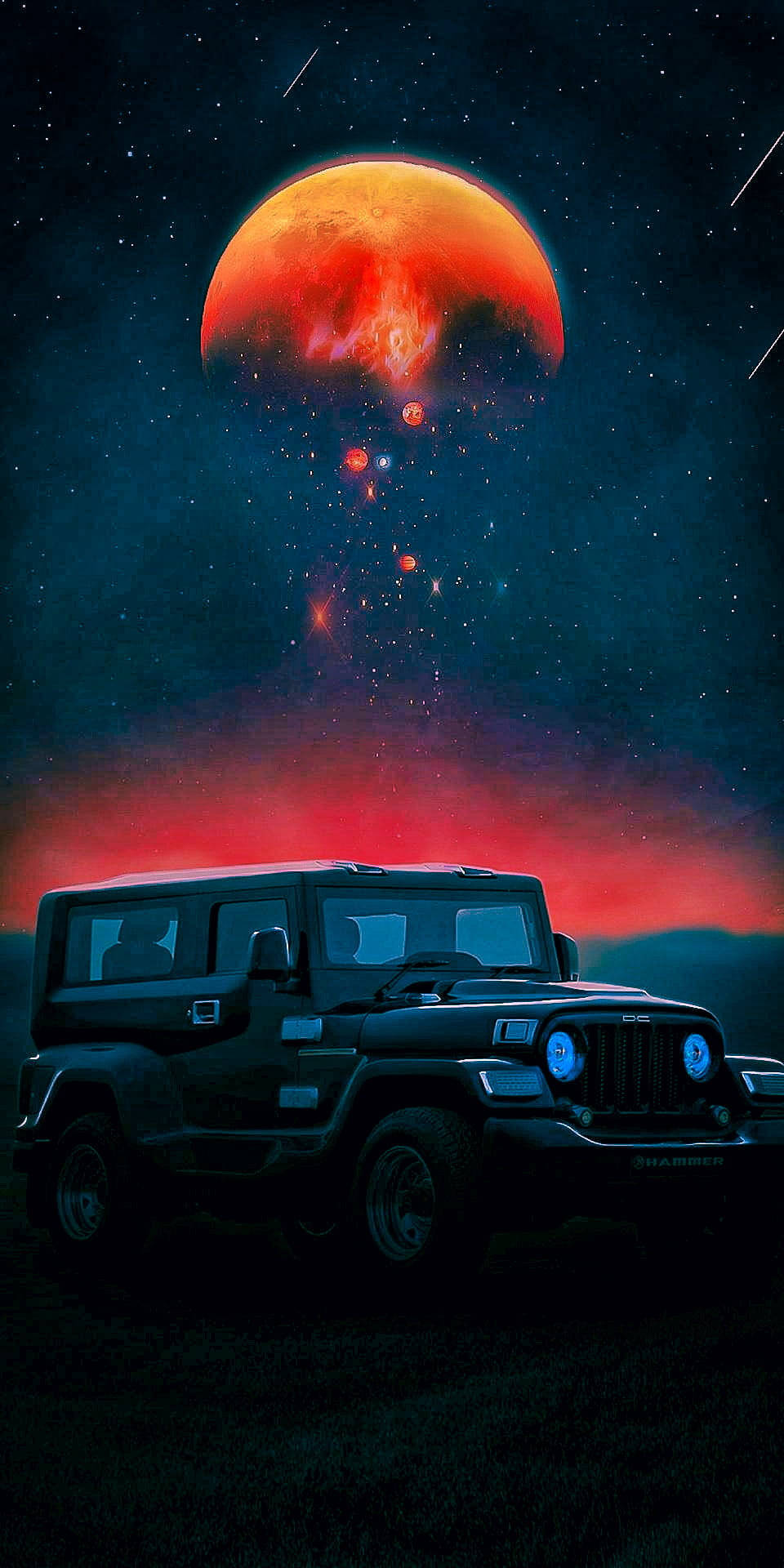 人像動態 桌布 壁紙 — 一輛黑色吉普車停泊在火紅色的行星下，周圍有發光的星星和宇宙塵埃，構成超現實的夜空。