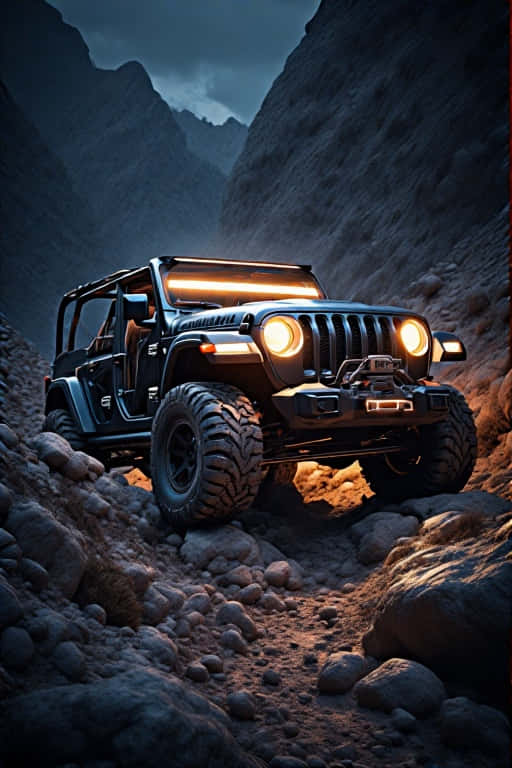 Jeep Wrangler illuminating a rocky trail with its headlights at night. 壁紙 — 一輛黑色吉普車閃爍著車頭燈，在黑暗暴風雨的天空下征服岩石山徑。