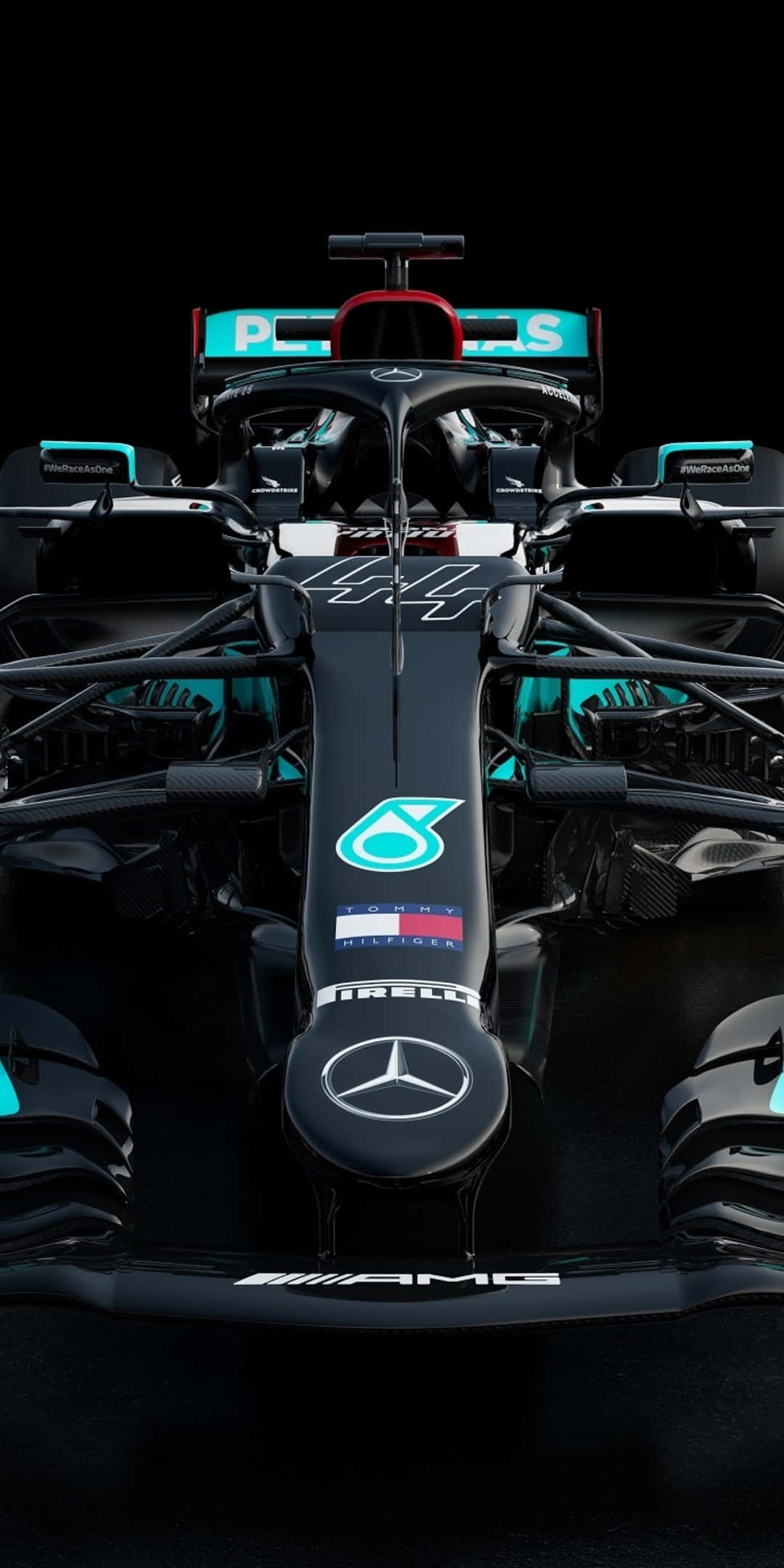 F1 桌布 壁紙 — 一輛黑色和藍綠色的時尚一級方程式賽車，帶有44號和梅賽德斯標誌，從正面展示在黑色背景前。