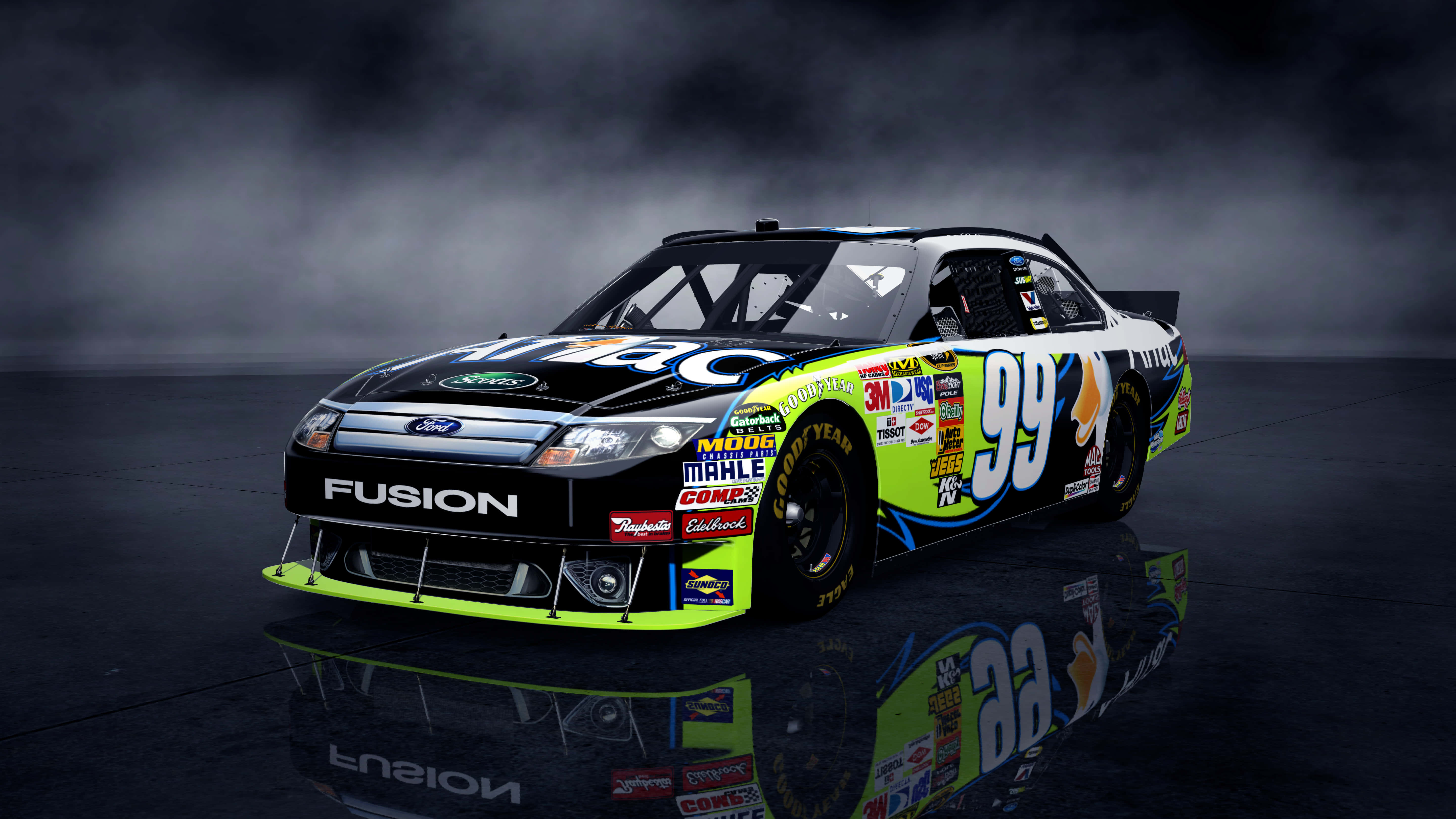 nascar 桌布 壁紙 — 一輛黑色和螢光綠色的NASCAR福特Fusion賽車（號碼99）在黑暗的攝影棚中展示，伴隨著戲劇性的煙霧和反射地板。