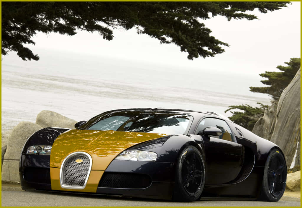 Gold Bugatti Veyron Car 桌布 壁紙 — 一輛黑色和金色的Bugatti Veyron停泊在沿海道路上，樹枝下，背景有海浪。