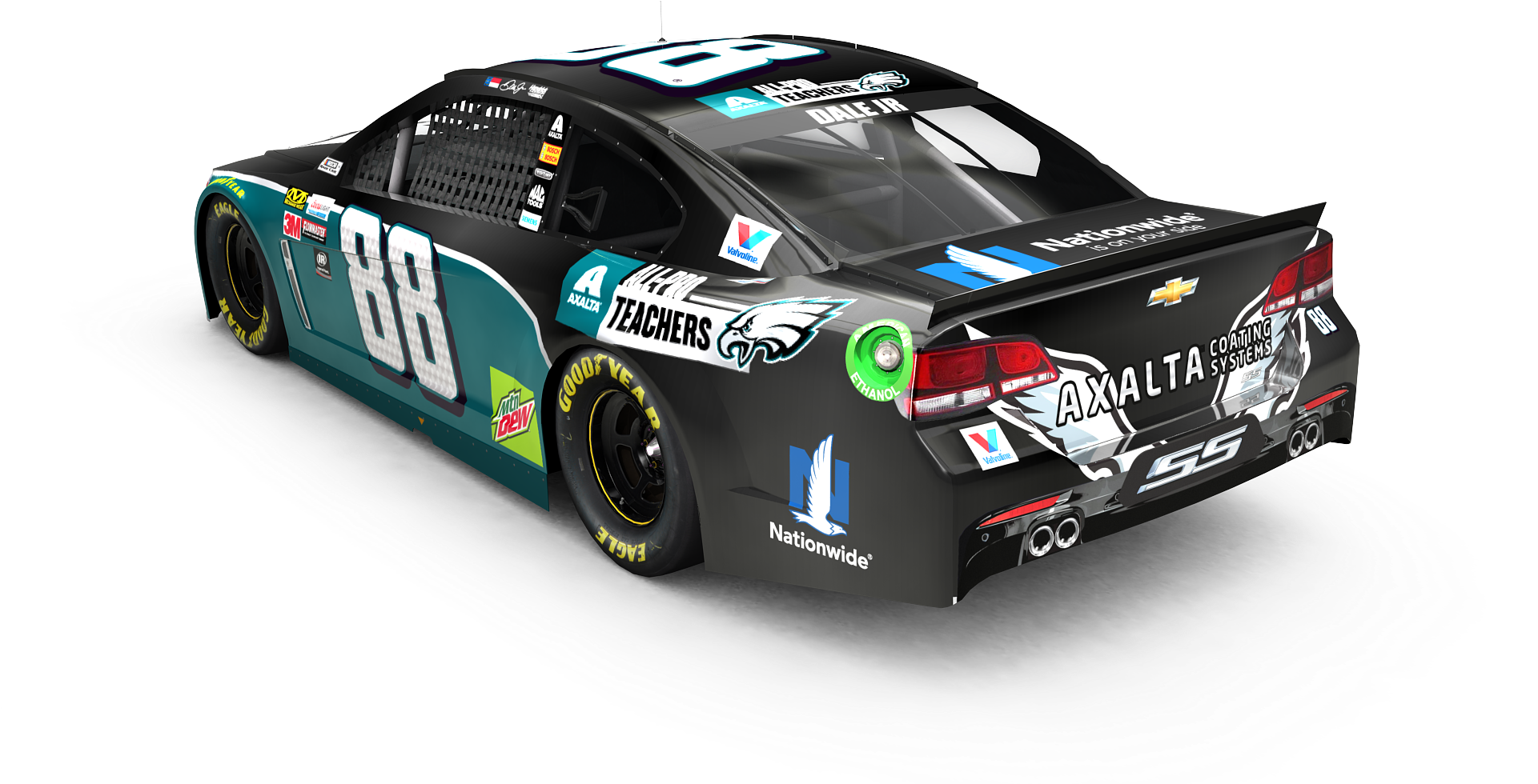 費城老鷹 桌布 壁紙 — 一輛黑色和青綠色的 #88 NASCAR 賽車，帶有費城老鷹隊品牌和 Axalta 贊助，在彎曲的灰色賽道上以工作室拍攝展示。