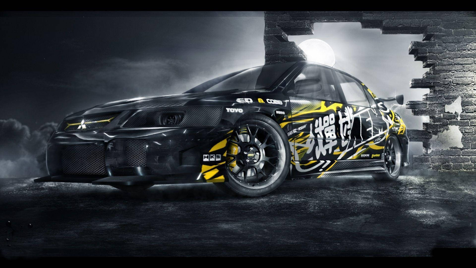 電玩遊戲 桌布 壁紙 — 一輛黑色和黃色的三菱 Lancer Evolution 在滿月下衝破 crumbling 磚牆，場景 gritty 都市。