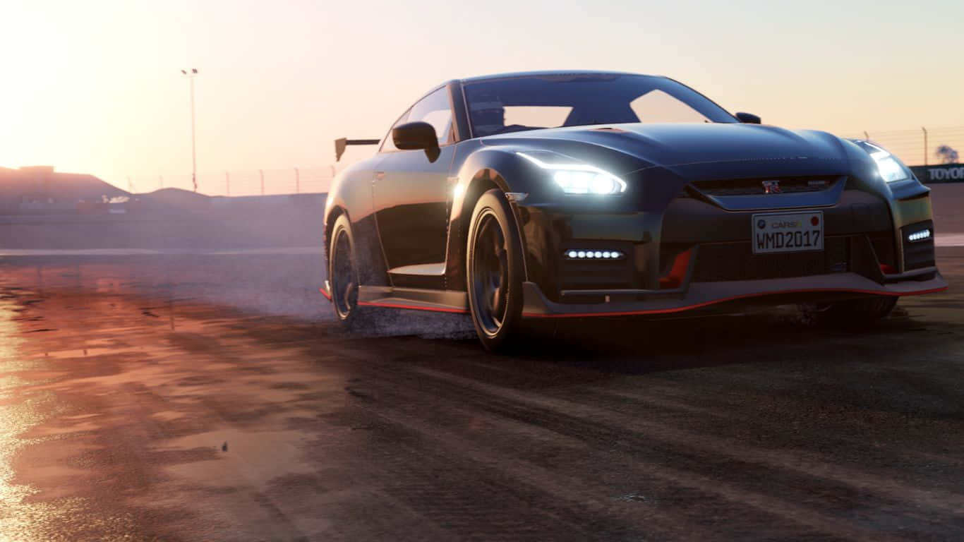 1366x768 Project Cars 2 桌布 壁紙 — 一輛黑色日產GT-R在日落時分的濕滑賽道上飄移，冒出煙霧。