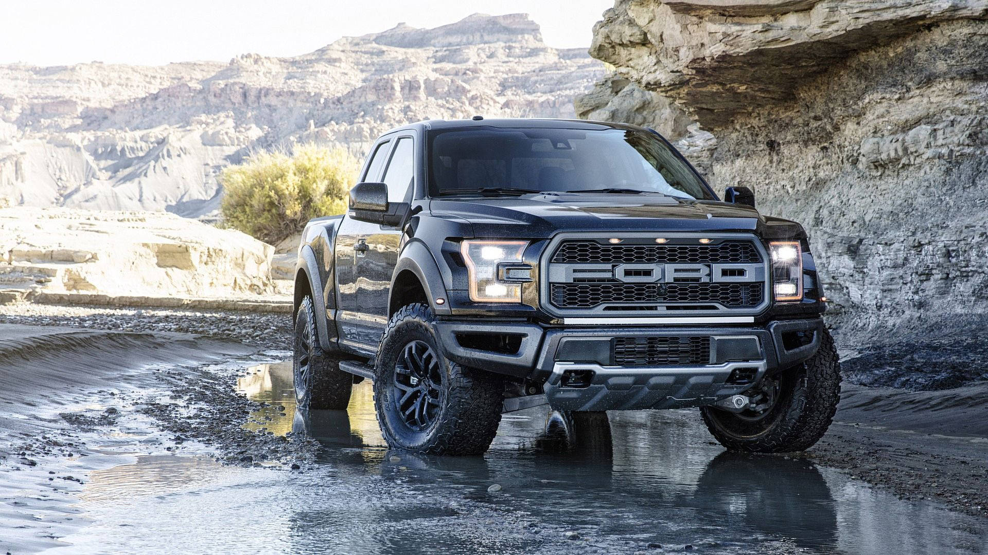 Raptor 桌布 壁紙 — 一輛黑色福特 F-150 Raptor 卡車在崎嶇的沙漠峽谷中駛過淺水，周圍有岩石峭壁和稀疏的灌木。