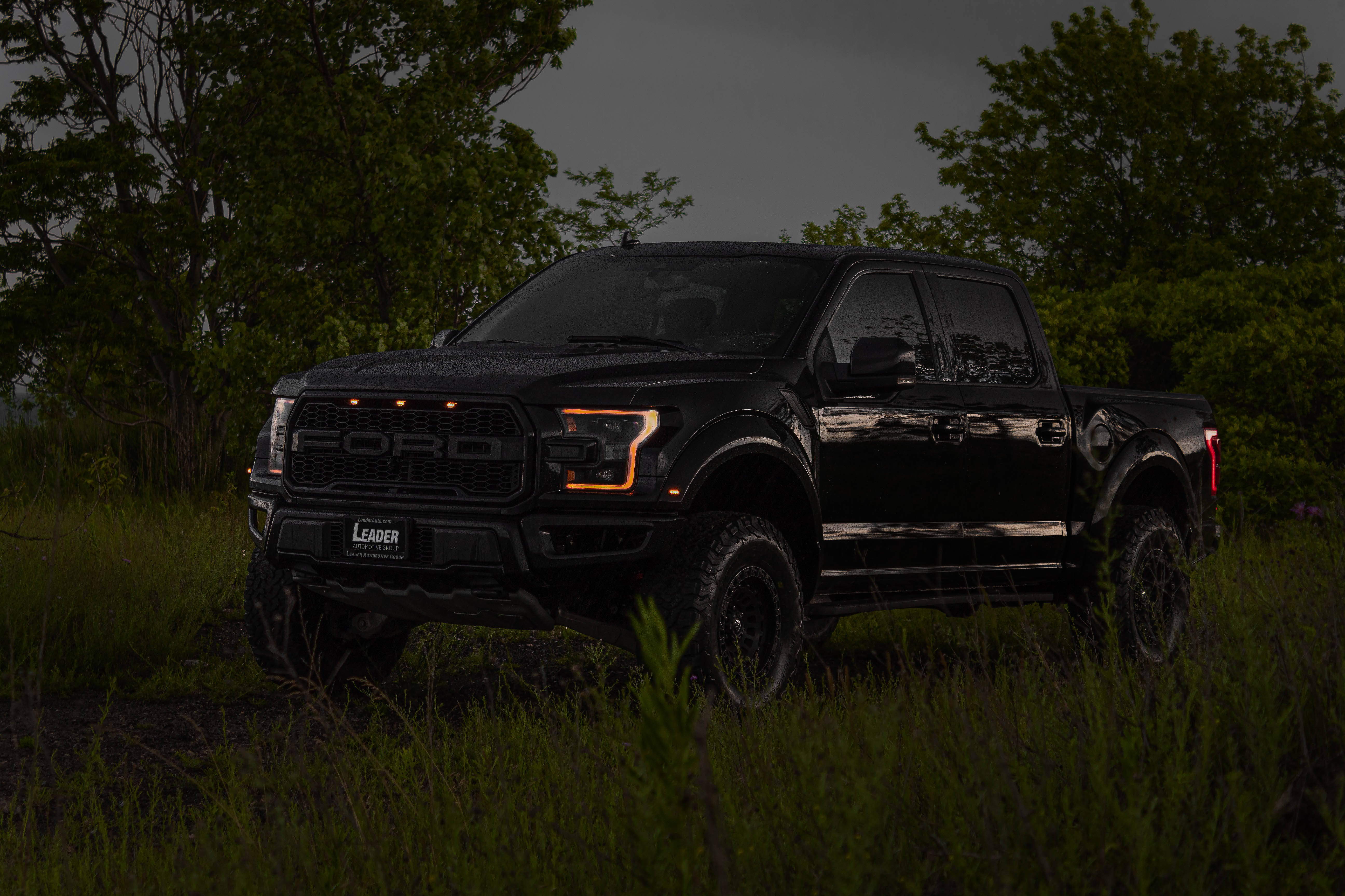 Raptor 桌布 壁紙 — 一輛黑色福特 F-150 Raptor 在黃昏時分矗立在草地上，發光的橙色頭燈照亮了逐漸變暗的環境。