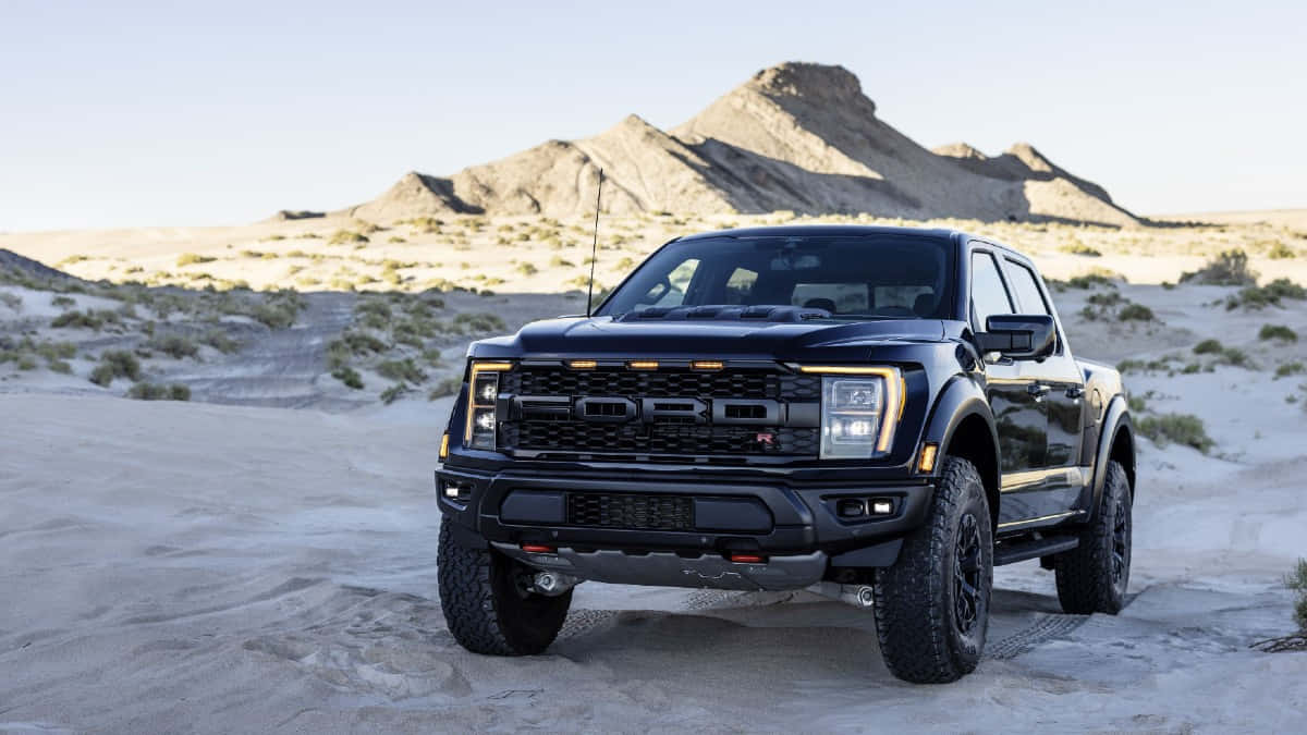 Raptor 桌布 壁紙 — 一輛黑色福特 F-150 Raptor 卡車在陽光明媚的沙漠中傲然矗立，背景是崎嶇的山脈。
