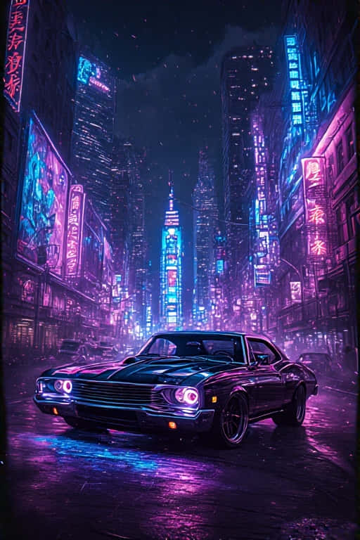 Classic Muscle Car in Futuristic Neon City Retro 4K 壁紙 — 一輛黑色經典肌肉車在高聳的賽博朋克城市景觀中，在霓虹燈下閃耀，街道因雨水而濕滑。