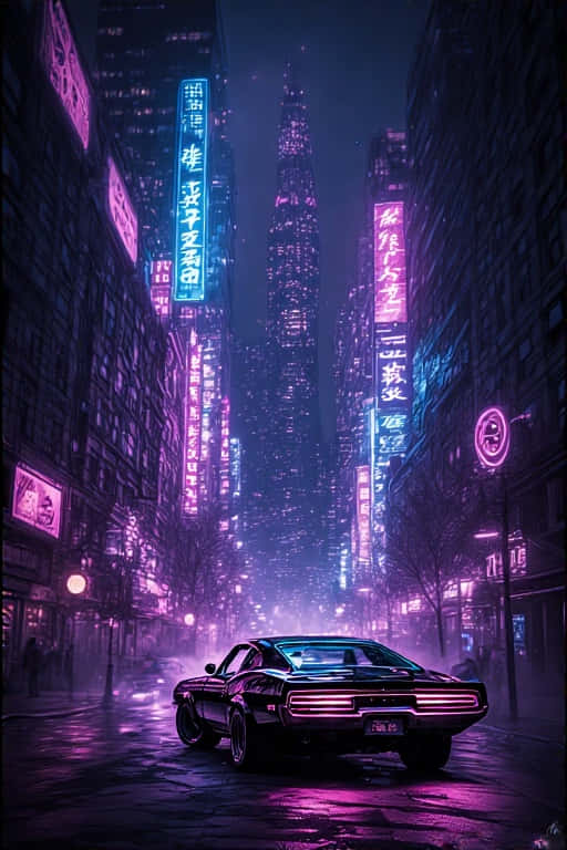 Classic Muscle Car in Futuristic Neon City Retro 4K 壁紙 — 一輛黑色肌肉車在夜晚高聳的賽博朋克城市中，在霓虹燈下閃耀，街道因雨水而濕滑。