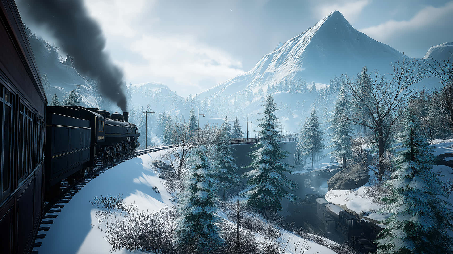 Steam Train Amidst Winter Mountain Wonderland 壁紙 — 一輛黑色蒸汽火車在雪覆蓋的森林中蜿蜒行駛，噴出濃煙，背景是白雪覆蓋的山脈。