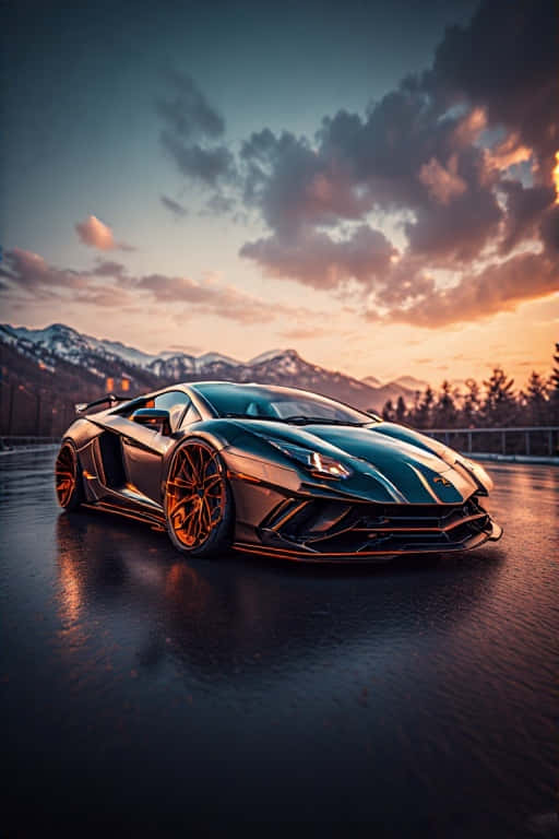 Stunning Lamborghini Car 4K 壁紙 — 一輛黑色藍寶堅尼Aventador配金色輪圈，停在濕滑路面上，映照著夕陽色彩，背景是雪山。