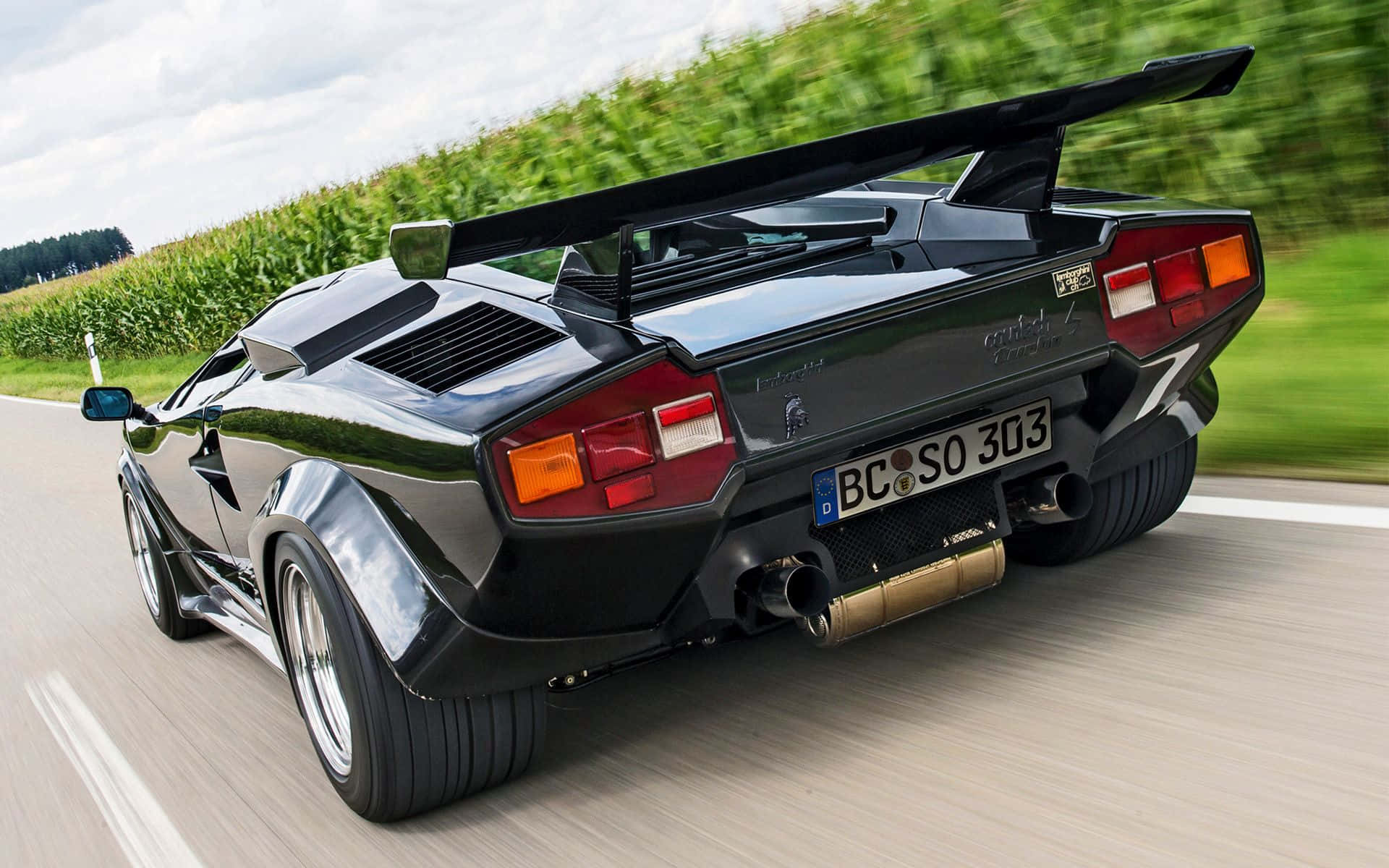 Lamborghini Countach 桌布 壁紙 — 一輛黑色藍寶堅尼Countach在鄉間道路上疾駛，模糊的綠色玉米田呼嘯而過。