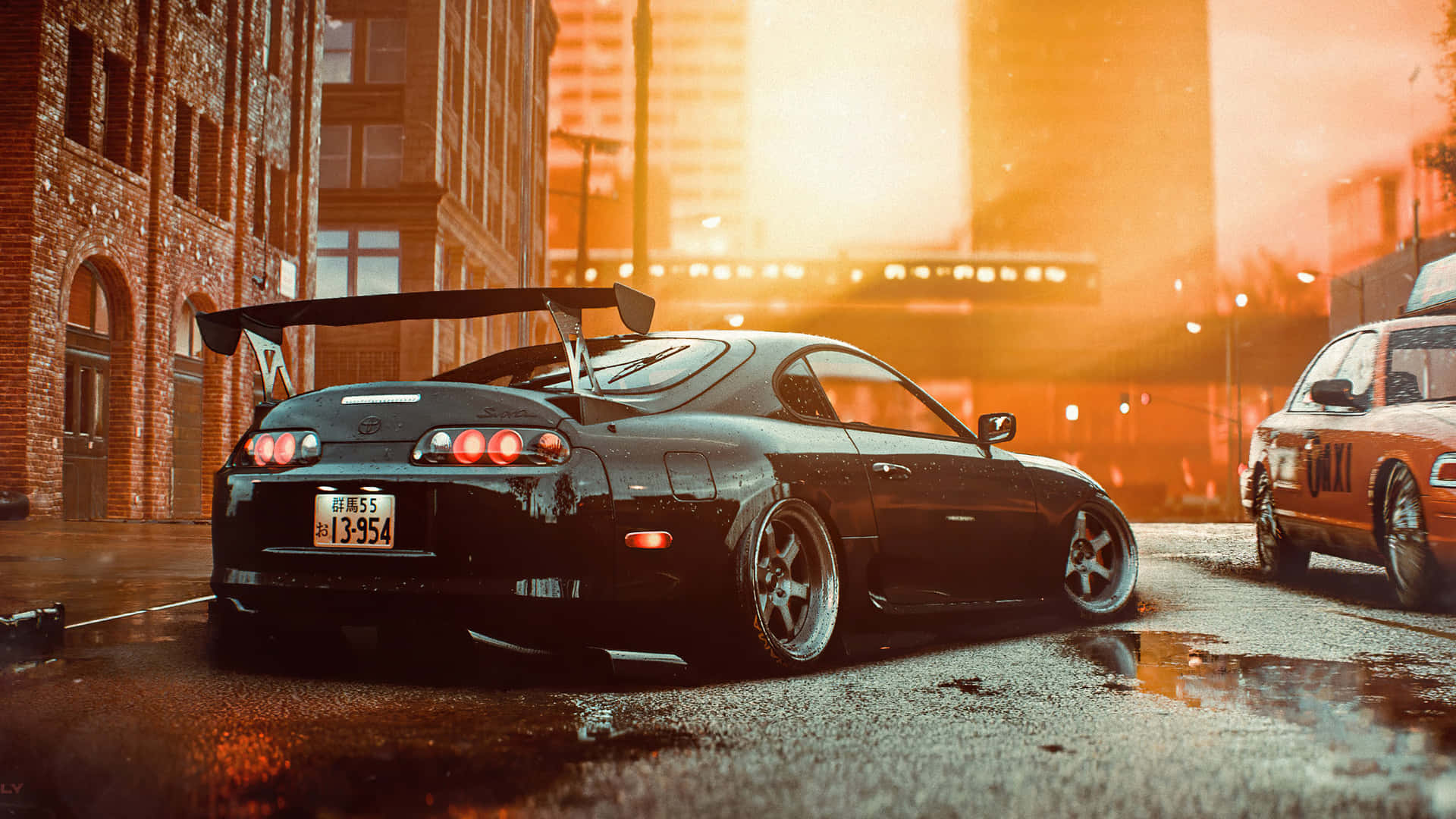 黑色豐田Supra配尾翼，停泊在濕潤城市街道上，夕陽下。 — Toyota Supra Mk4 壁紙