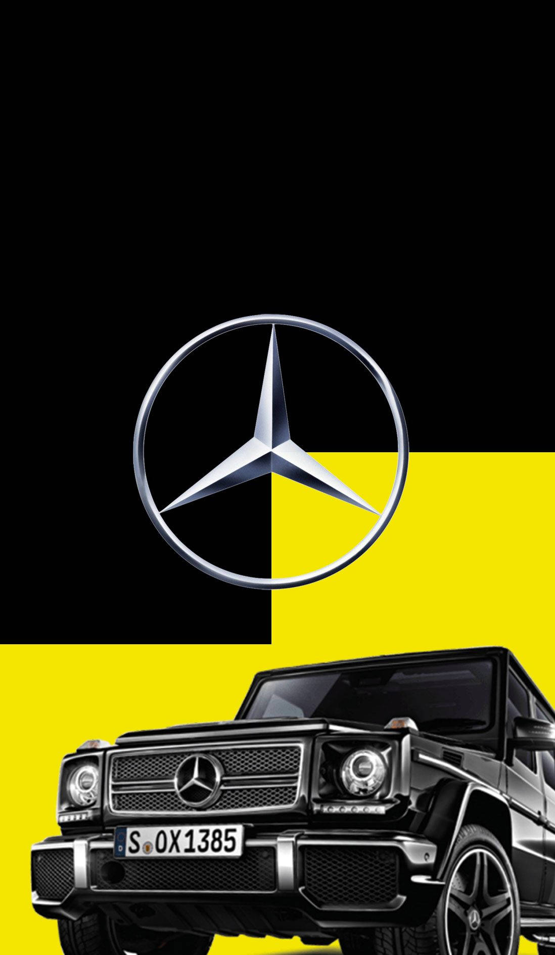AMG iPhone 桌布 壁紙 — 一輛黑色賓士G-Class SUV，帶有鍍鉻飾邊和銀色星形標誌，襯托著大膽的黑黃色背景。