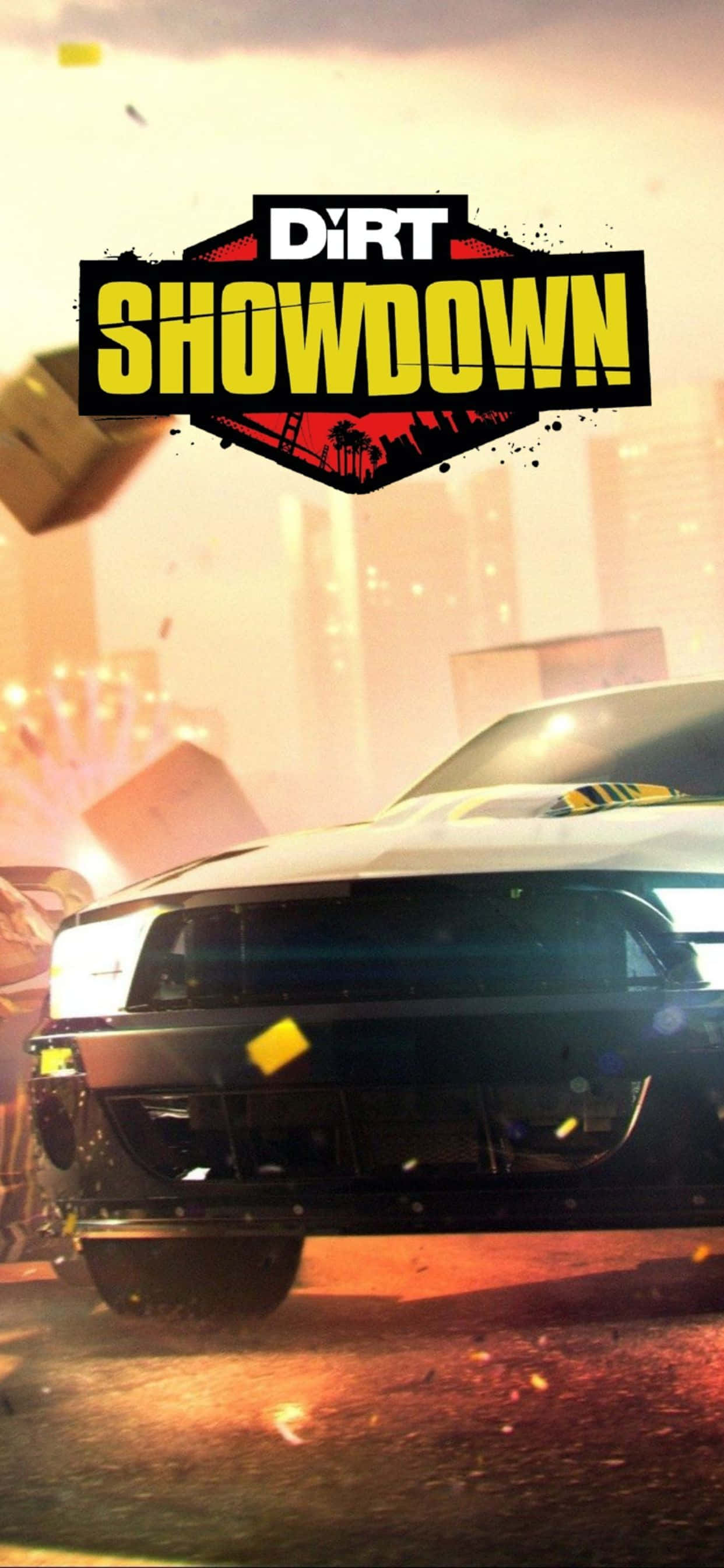 iPhone Xs Max Dirt Showdown 桌布 壁紙 — 一輛黑色賽車在混亂的城市街道上飛馳，碎片飛揚，上方有Dirt Showdown標誌。