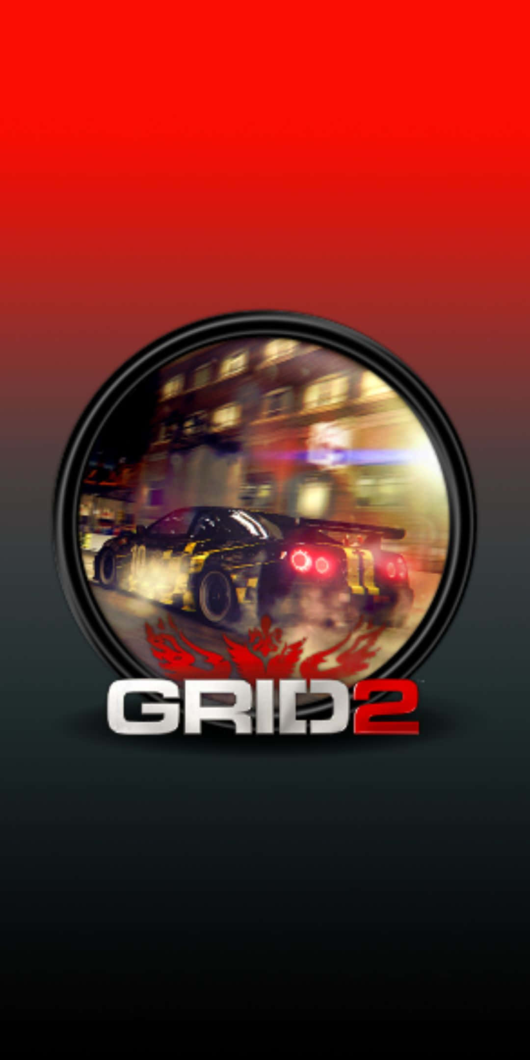 video games 桌布 壁紙 — 一輛黑色賽車帶紅色尾燈在圓形框架內，於紅色漸變背景上，在模糊的城市街道上飄移。
