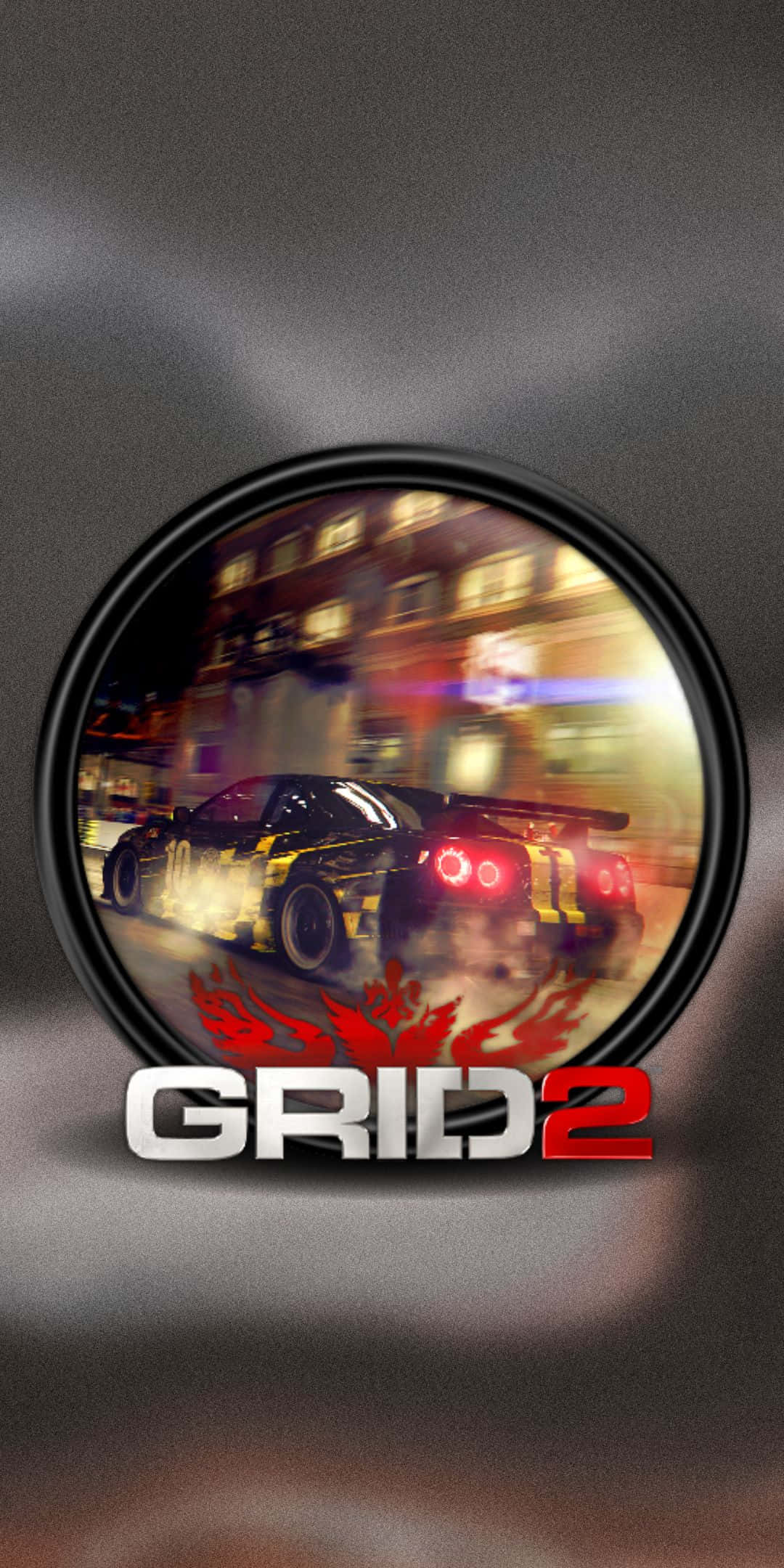 games 桌布 壁紙 — 一輛黑色賽車帶著紅色尾燈在夜間穿過模糊的城市，位於圓形框架內。