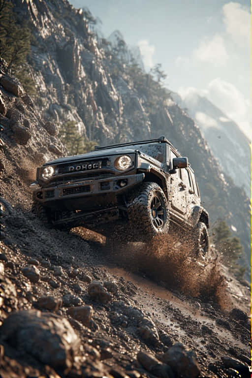jeep climbing a rocky mountain, splashing through mud. 壁紙 — 一輛黑色越野車在明亮的陽光下攀爬陡峭多石的山坡，濺起泥漿。