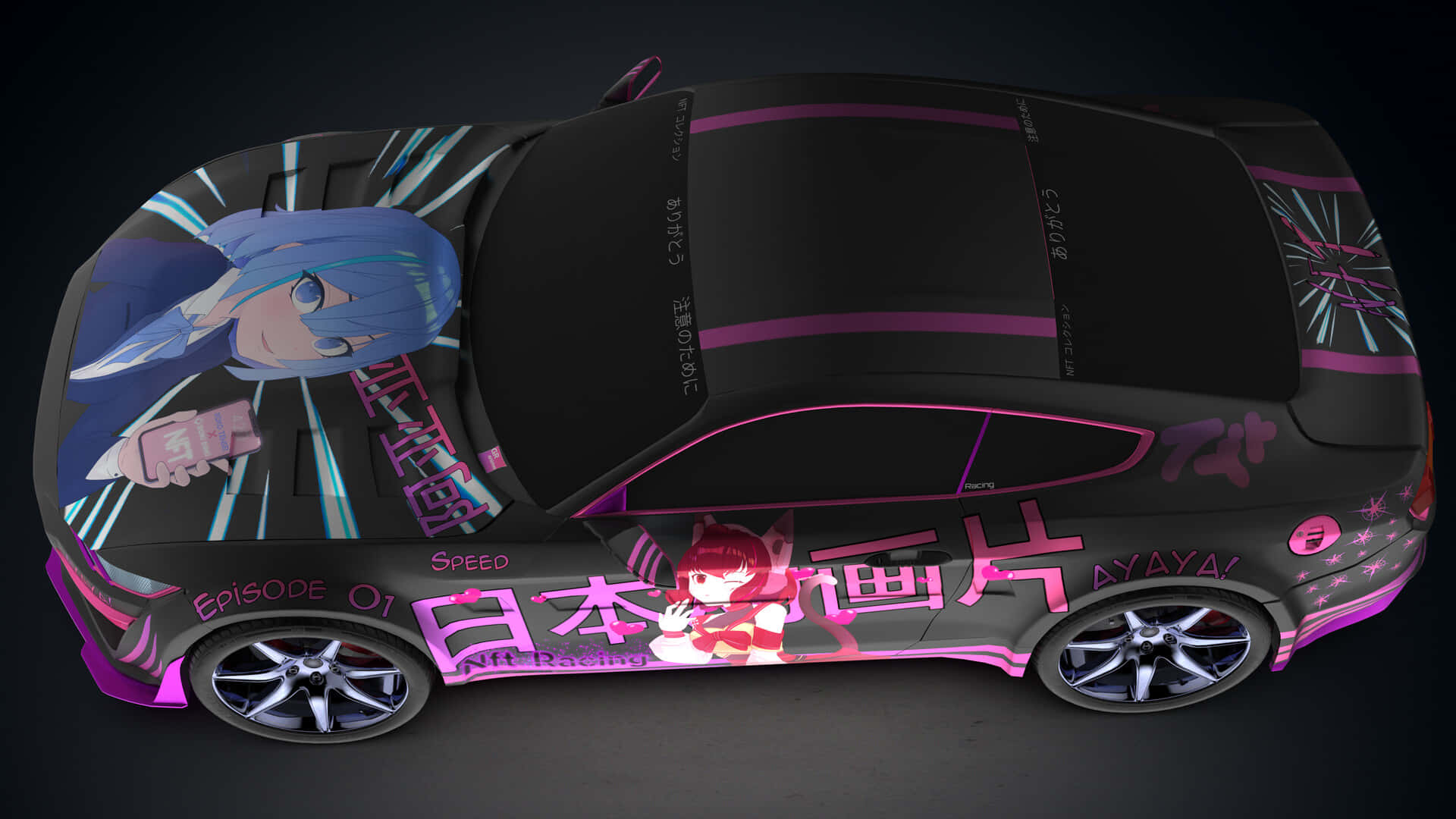 動漫車 桌布 壁紙 — 一輛黑色跑車，在粉紅色霓虹燈光下飾有充滿活力的動漫角色和日文字。