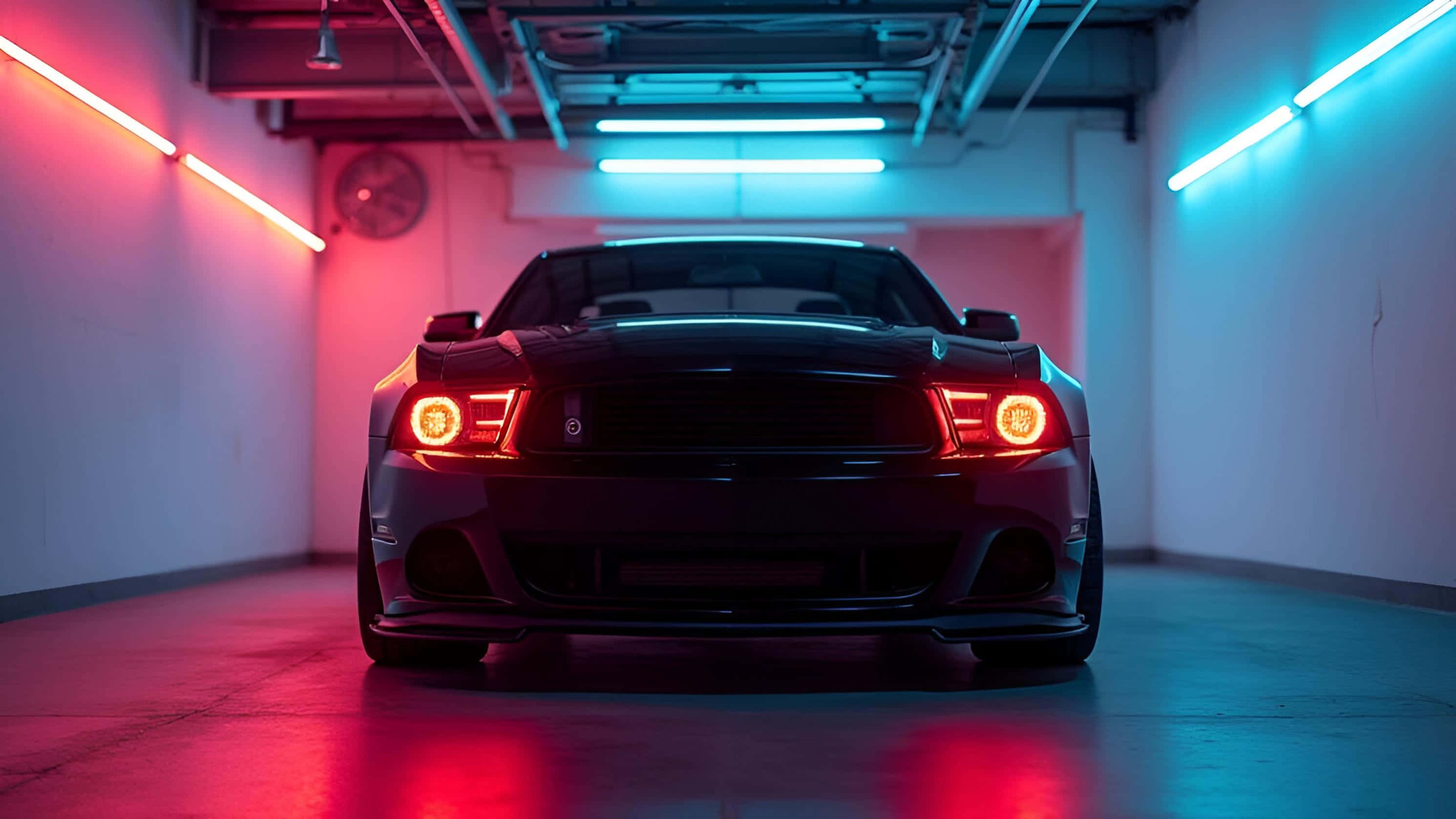 mustang HD 桌布 壁紙 — 一輛黑色跑車，帶有發光的橙色車頭燈，在昏暗的車庫中向前，車庫充滿紅色和藍色霓虹燈。