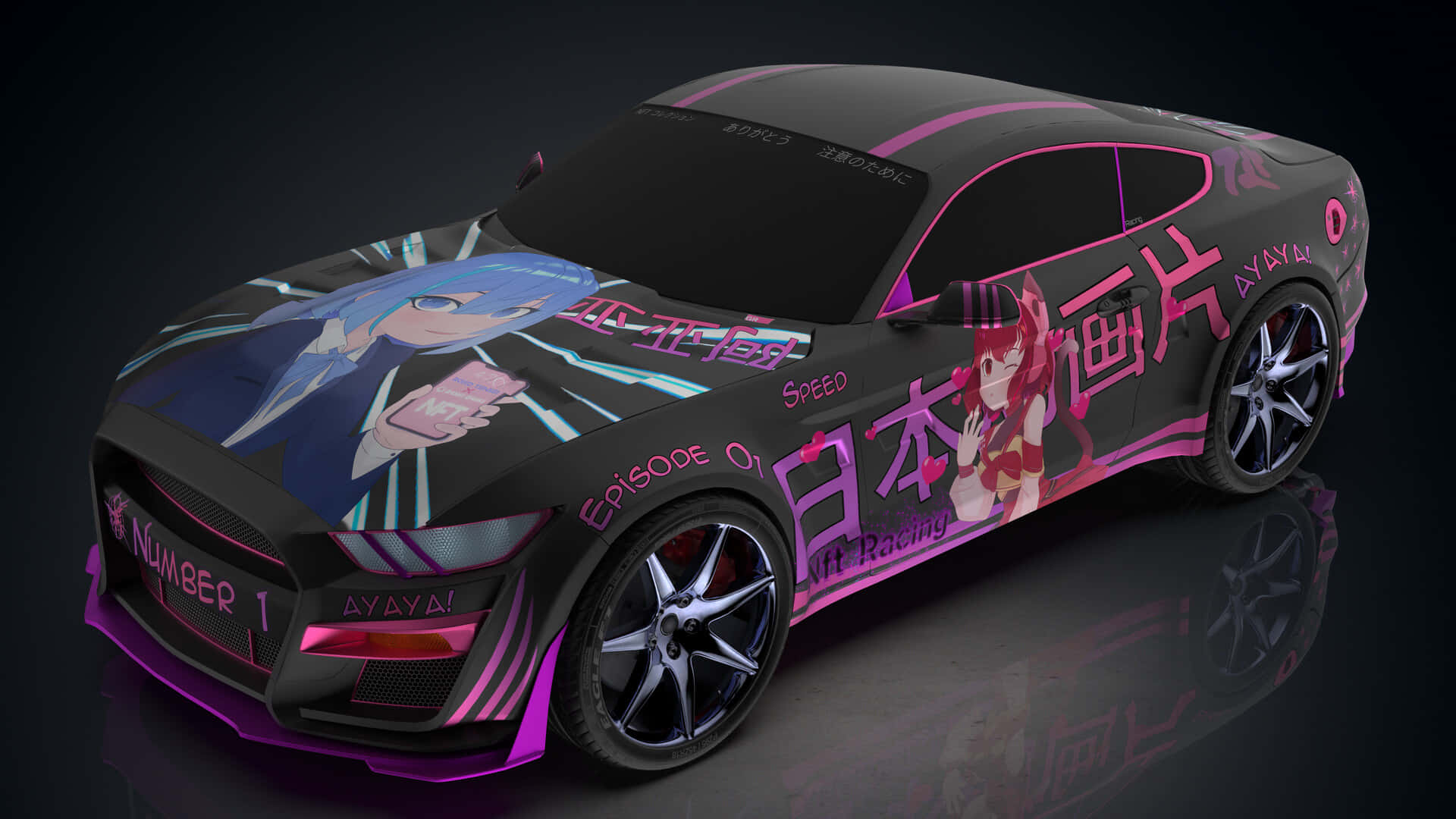 動漫車 桌布 壁紙 — 一輛黑色跑車，車身有鮮豔的粉紅色動漫角色和日文字樣貼紙，停在反光的攝影棚地板上。
