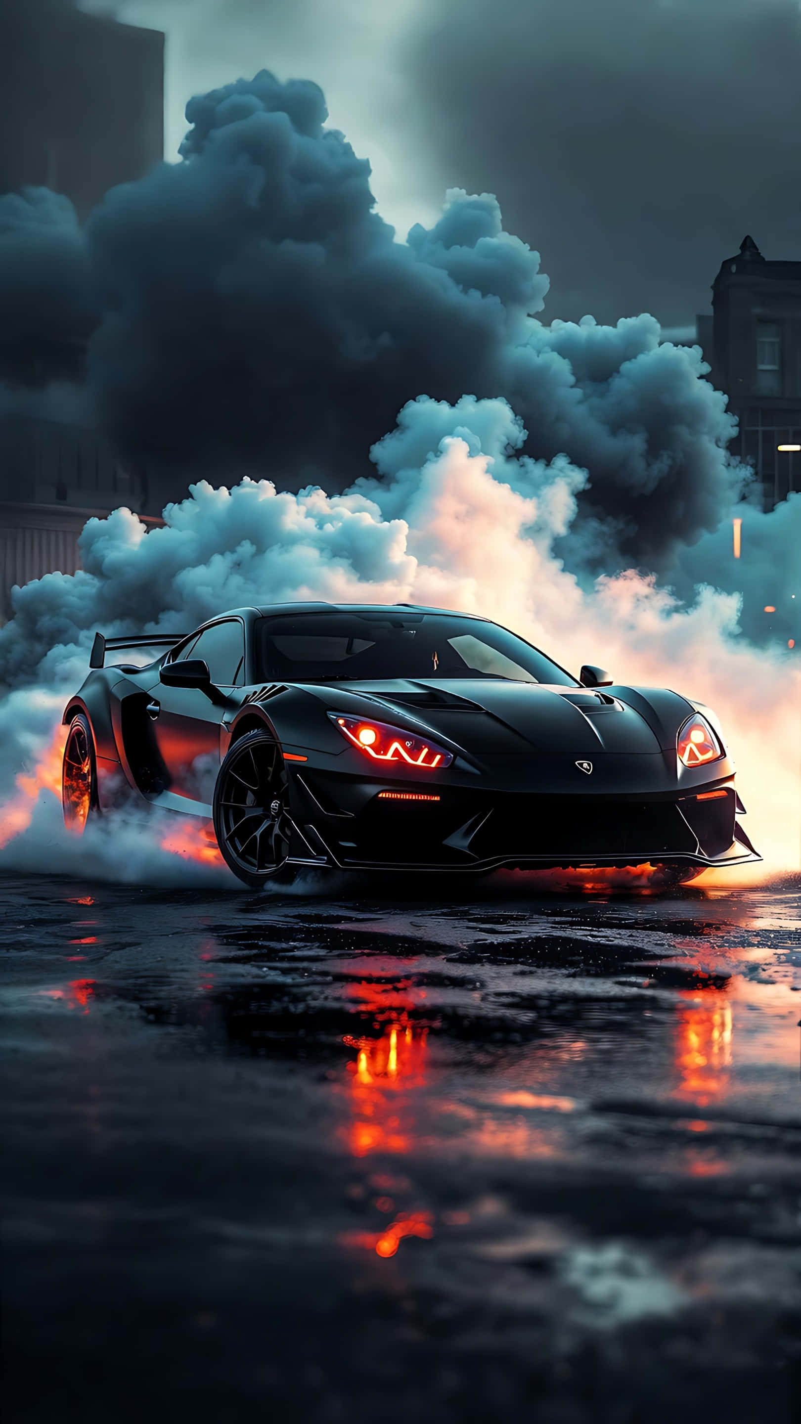 drifting 桌布 壁紙 — 一輛黑色跑車亮著紅色發光頭燈，在暴風雲下的濕漉漉城市街道上戲劇性地冒煙。