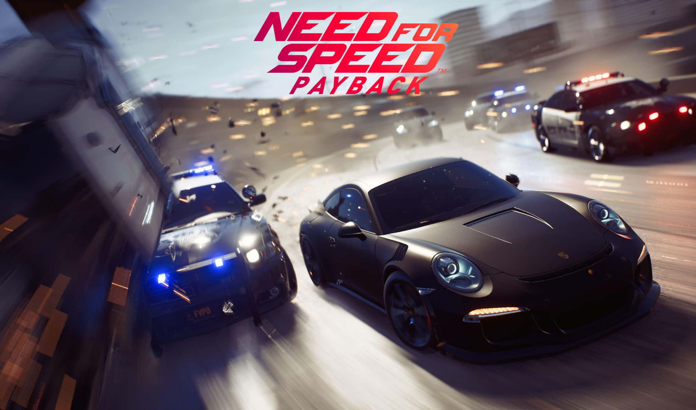 2440x1440 Need For Speed Payback 桌布 壁紙 — 一輛黑色跑車在城市的街道上飛馳，被閃著燈的警車追趕。