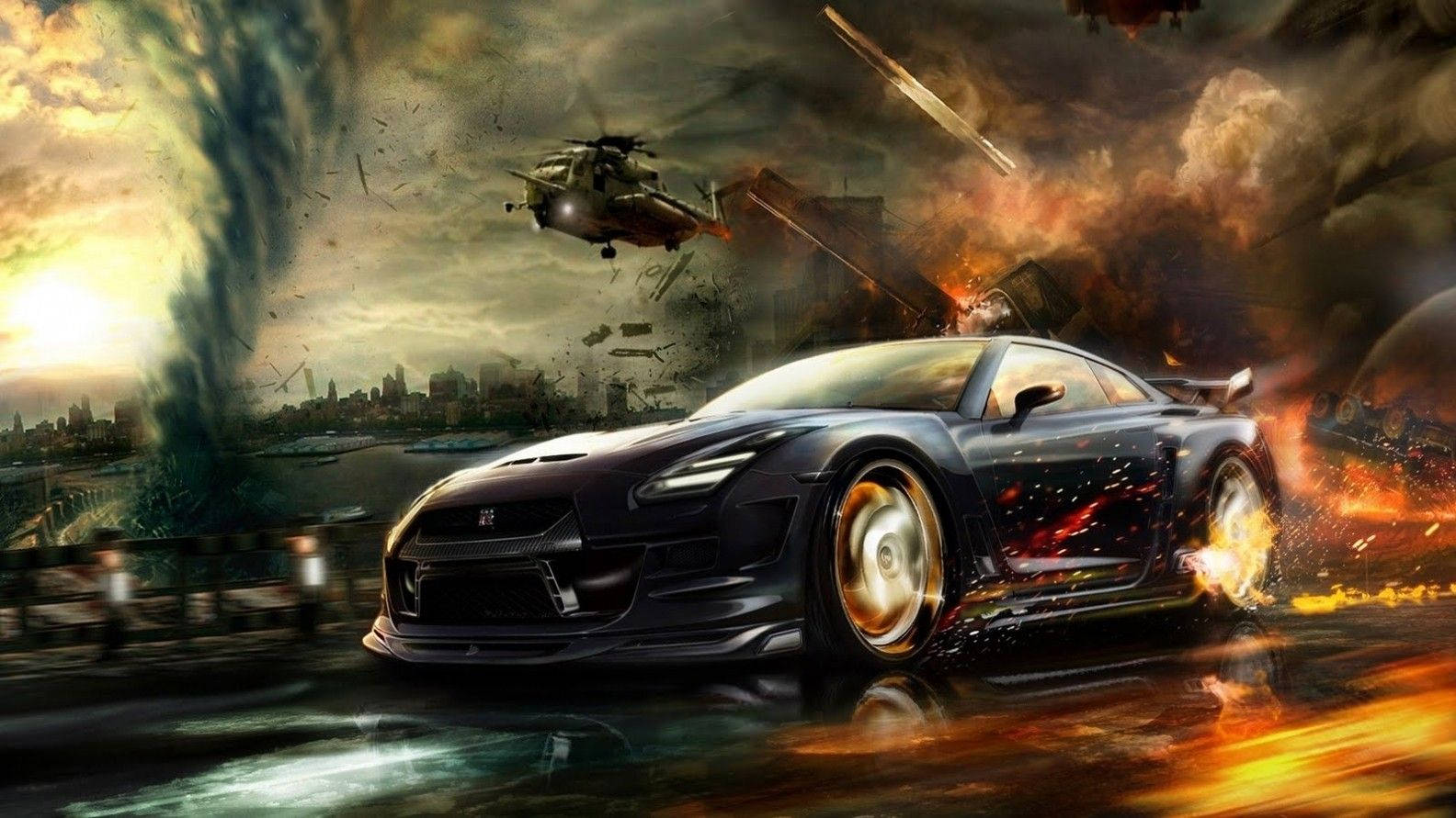 cars 桌布 壁紙 — 一輛黑色跑車在火熱的城市混亂中疾馳，背景有直升機和龍捲風。