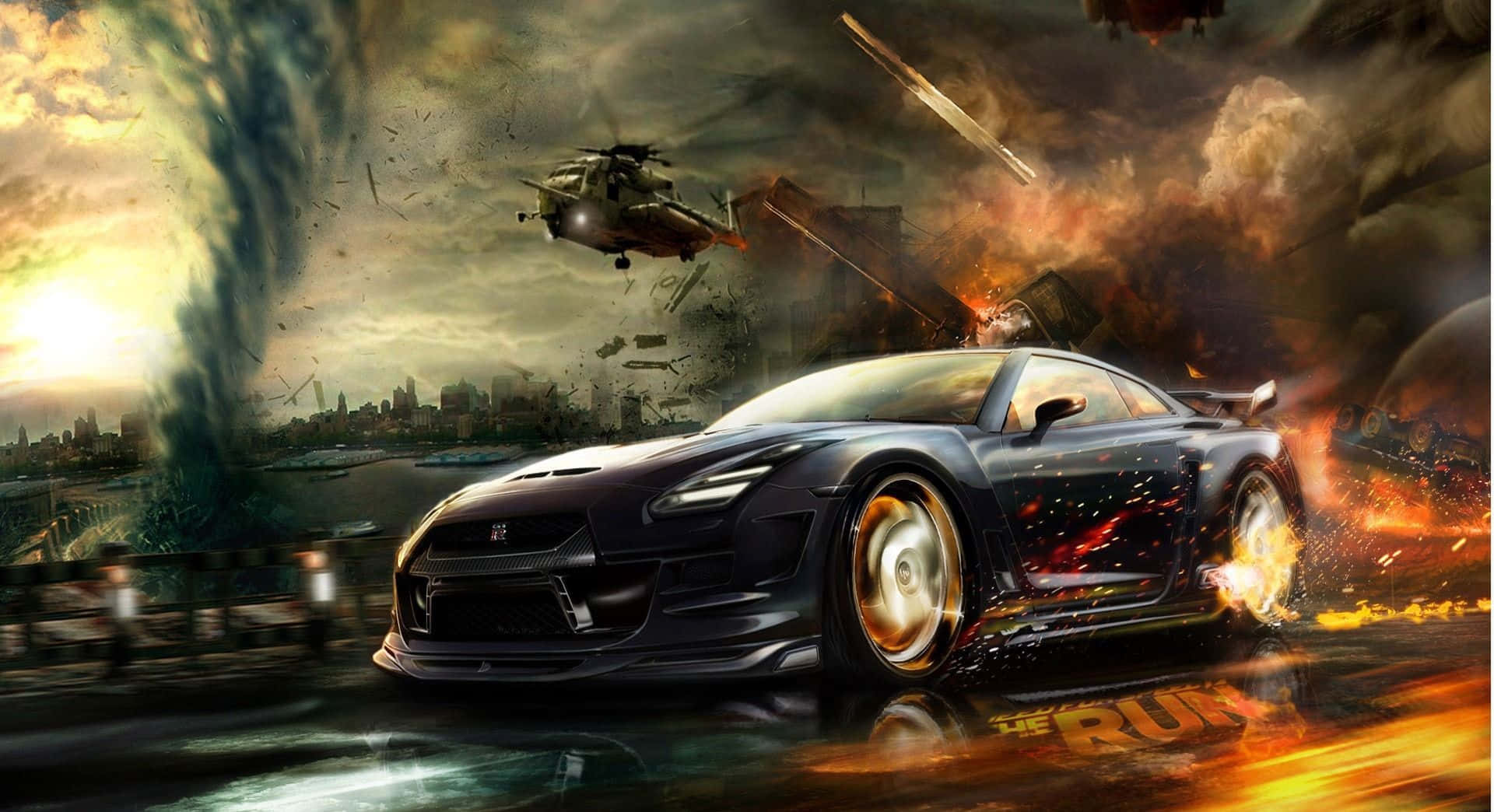 Need For Speed Desktop 桌布 壁紙 — 一輛黑色跑車在爆炸、直升機和龍捲風的背景中，飛馳穿過火熱的城市混亂。