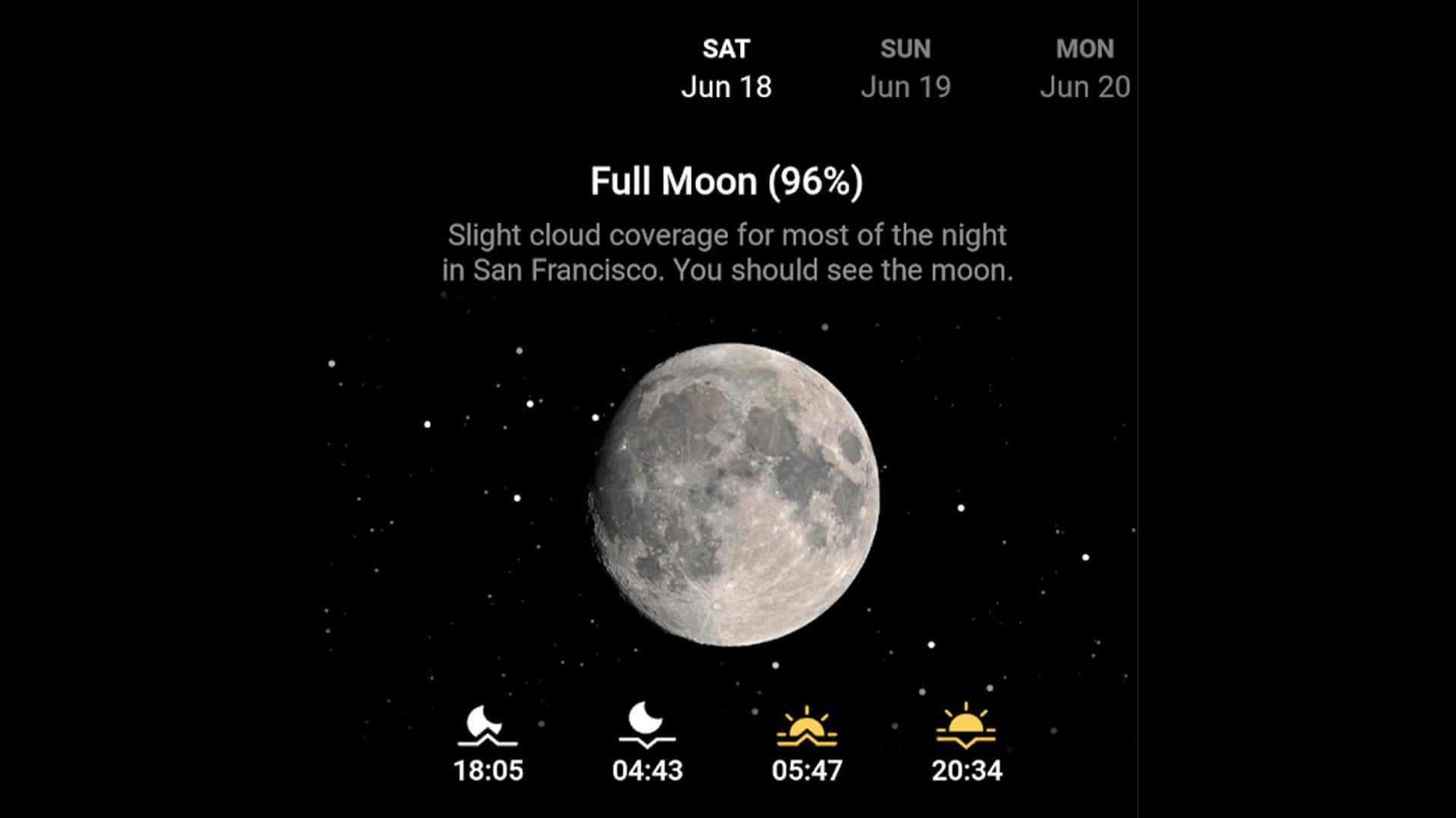 full moon 桌布 壁紙 — 一輪96%照度的滿月主導了繁星點點的夜空，並疊加了天氣預報文字。