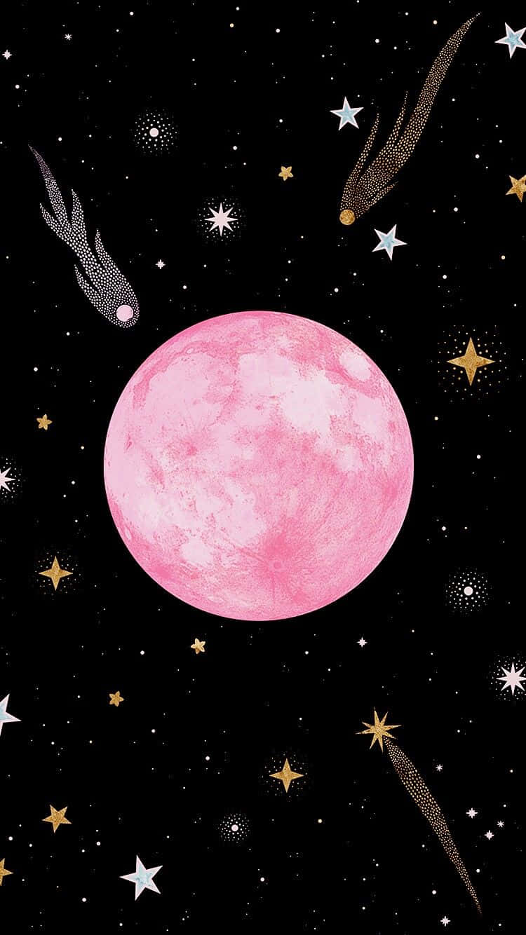 Moon And Stars iPhone 桌布 壁紙 — 一輪充滿活力的粉紅色月亮在繁星點點的黑色天空中閃耀，伴隨著閃爍的流星和閃亮的星星。