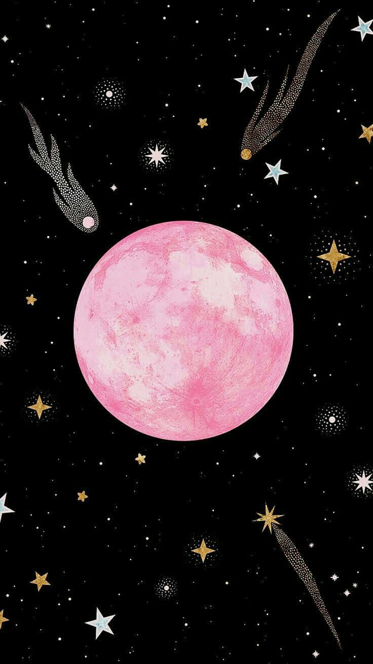 Pink Moon Real 桌布 壁紙 — 一輪夢幻粉紅月亮漂浮在繁星點點的夜空，伴隨著閃爍的流星和金白色的星星。