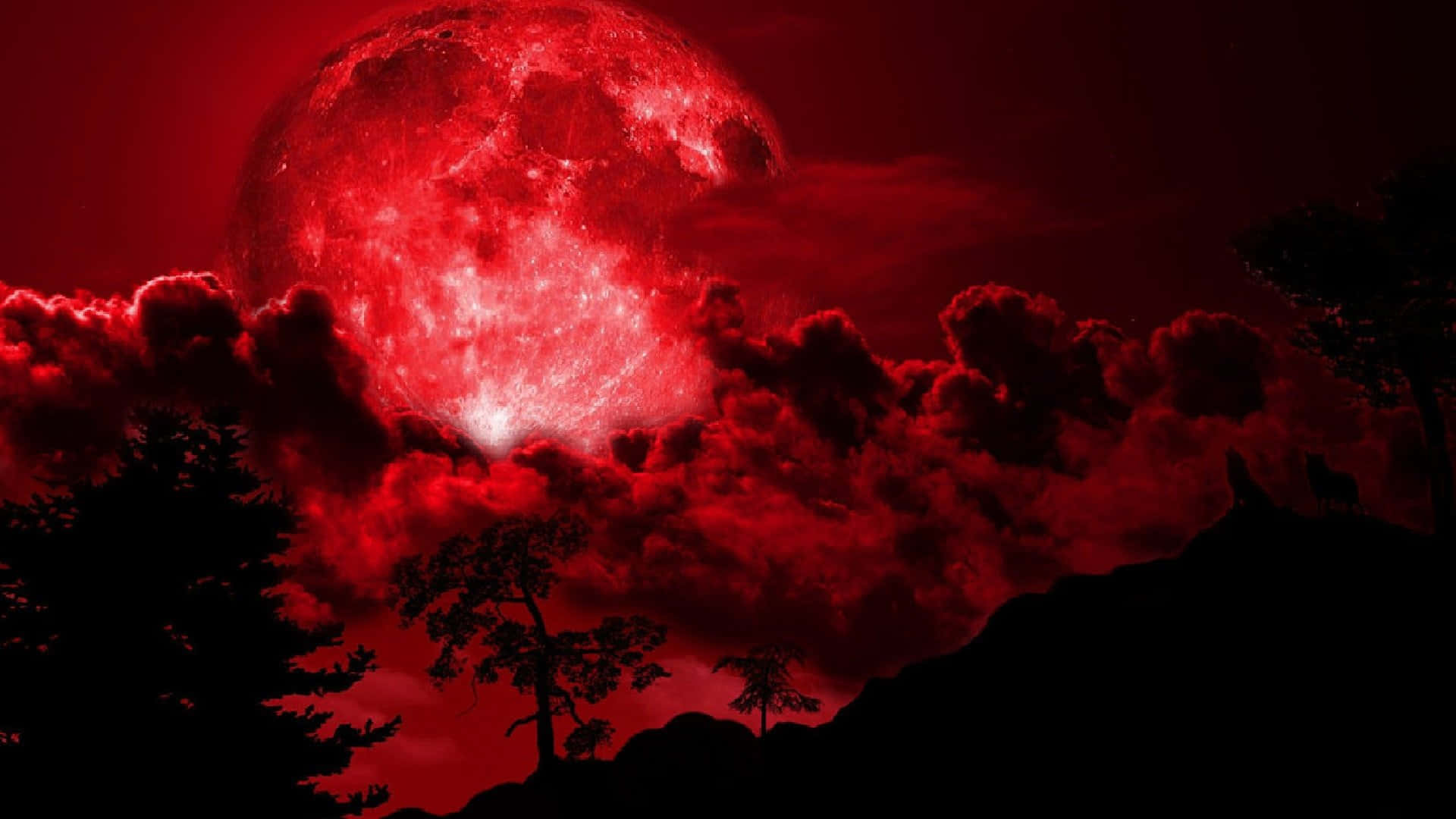 Red Moon 桌布 壁紙 — 一輪巨大發光的紅月主宰著風暴般的深紅天空，下方是黑暗剪影的樹木和山丘。