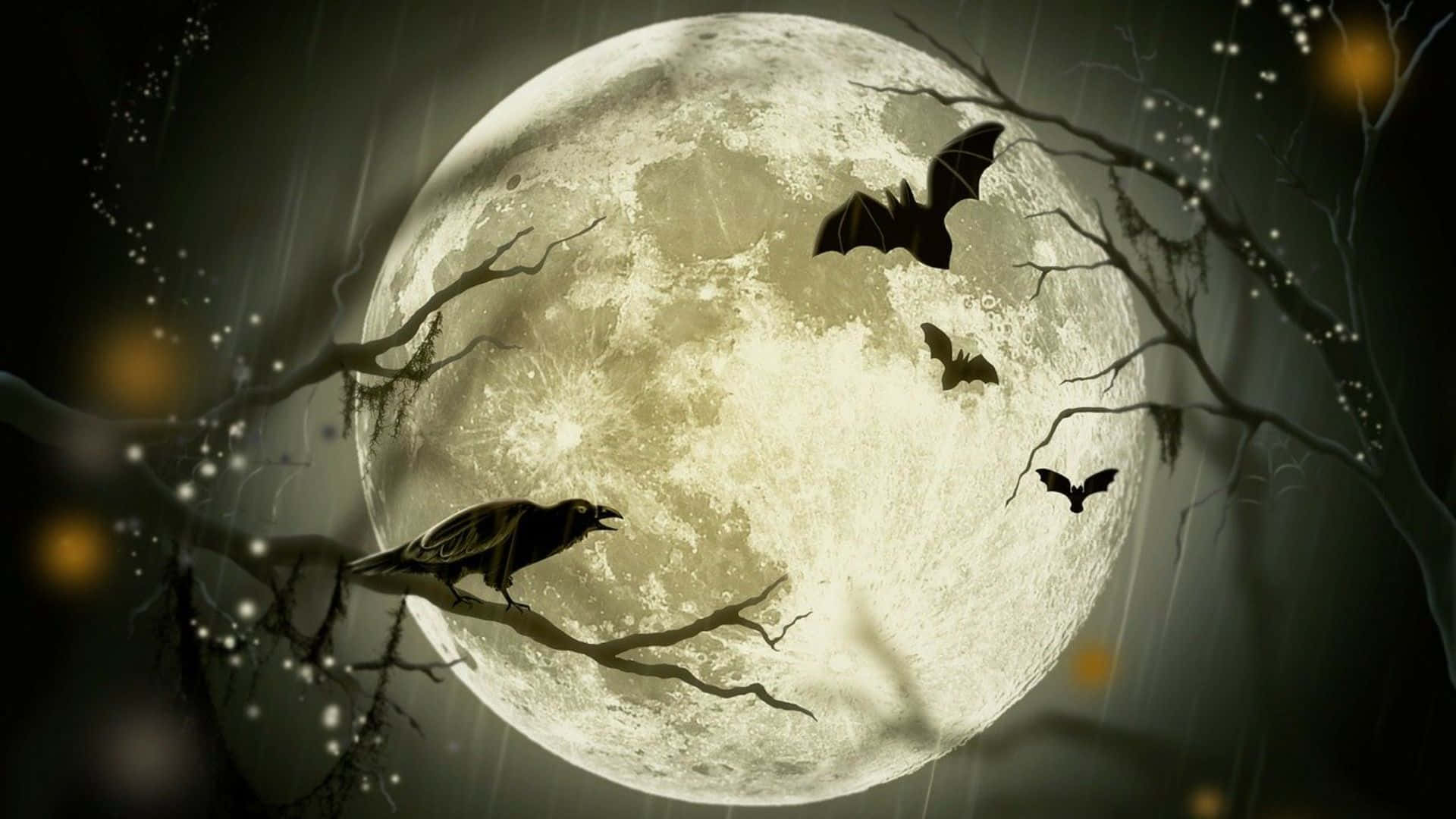 full moon 桌布 壁紙 — 一輪巨大的滿月在剪影般的蝙蝠和一隻棲息在扭曲樹枝上的烏鴉背後發光，營造出詭異的夜景。