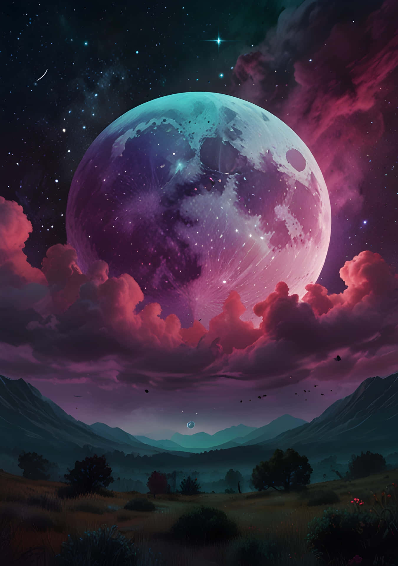 Ethereal Lunar Sky 壁紙 — 一輪巨大的發光月亮，帶有紫色和藍綠色調，在星空下升起於山谷、山脈和粉紅雲層之上。