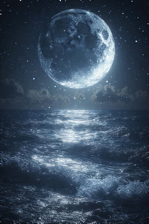 Serene Moonlit Ocean Silver Waves & Crescent Moon 4K 壁紙 — 一輪巨大的發光月亮懸掛在黑暗的海洋上空，在星空下透過漣漪波紋反射其光芒。