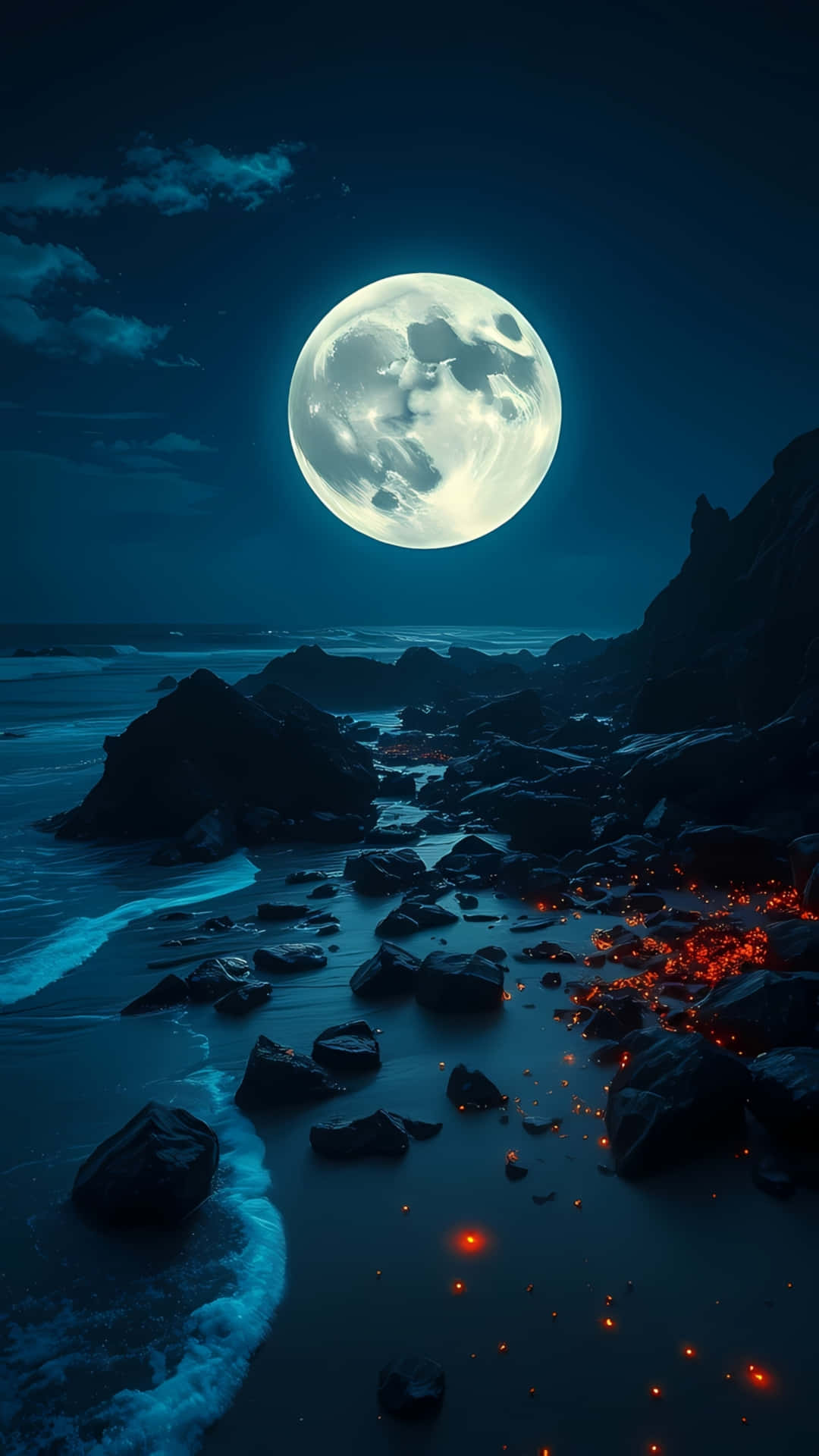 Glowing Full Moon Over Rocky Shoreline with Embers 壁紙 — 一輪巨大的發光月亮照亮了岩石海灘，熾熱的餘燼在星空下散落在濕漉漉的石頭上。