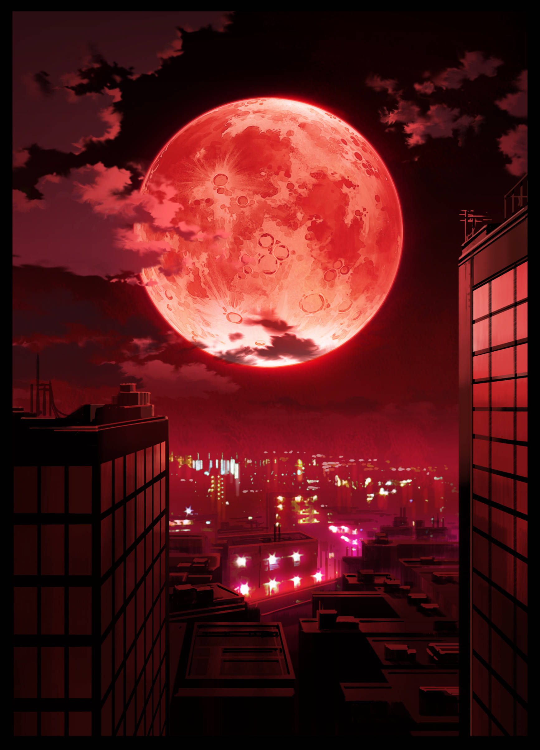 霓虹月亮 桌布 壁紙 — 一輪巨大的紅月籠罩著夜晚霓虹燈閃爍的城市景觀，在高樓大廈和街道上投下詭異的光芒。