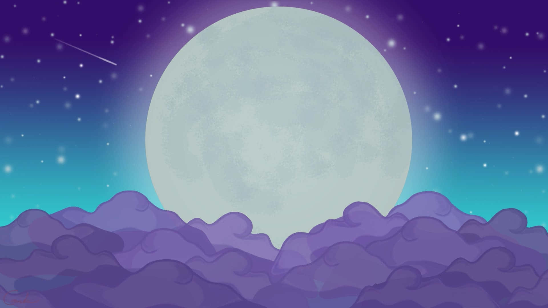 Animated 桌布 壁紙 — 一輪巨大的蒼白月亮在紫色雲層後升起，背景是繁星點點的暮色天空，有一顆流星劃過天際。
