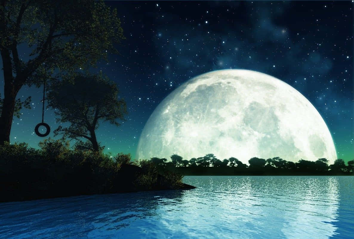 Moonlight 桌布 壁紙 — 一輪巨月升起在寧靜的湖面上，星空下，岸邊樹上掛著一個輪胎鞦韆。