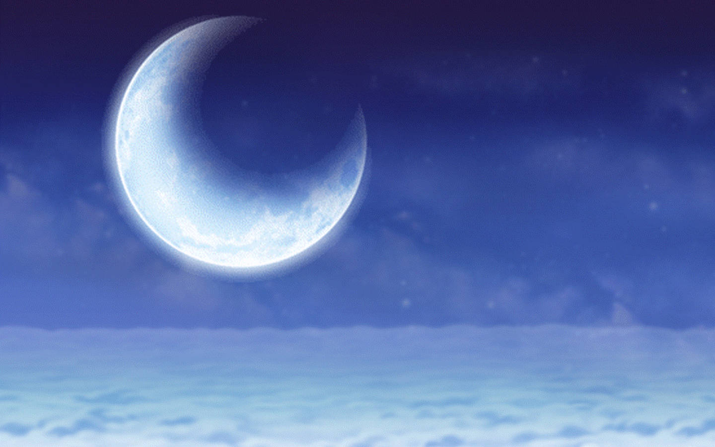 game 桌布 壁紙 — 一輪明亮的彎月在深藍色星夜下，照耀在平靜的雲海之上。