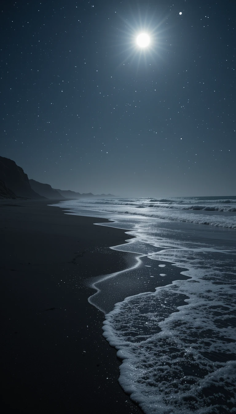 Night Aesthetic 桌布 壁紙 — 一輪明亮的月亮在黑暗的海灘上灑下銀光，溫柔的波浪在繁星點點的夜空下拍打著海岸。