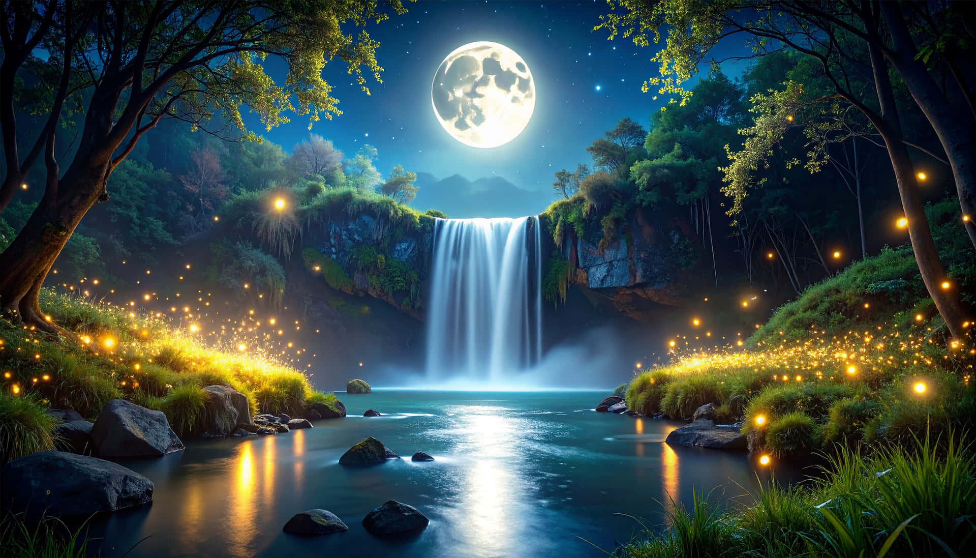 Moonlit Waters 壁紙 — 一輪明亮的月亮照亮了夜晚的瀑布，發光的螢火蟲在長滿苔蘚的樹木和岩石間翩翩起舞。
