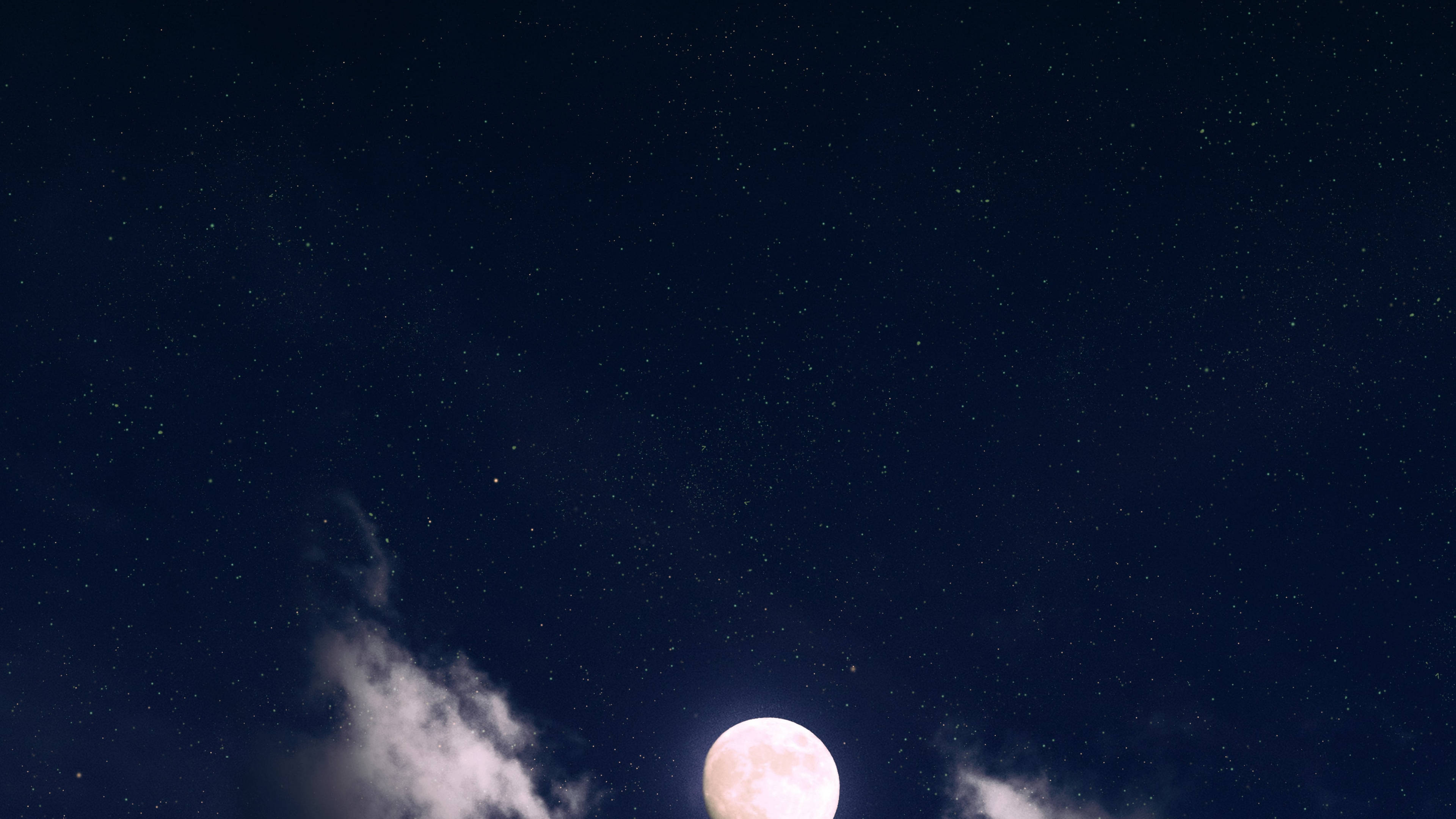 moonlight 4K 桌布 壁紙 — 一輪明亮的滿月在午夜星空中透過輕柔的雲層閃耀。