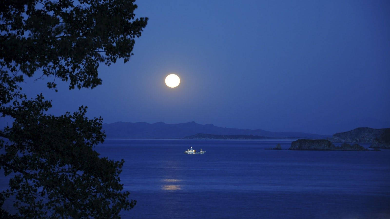夜空 桌布 壁紙 — 一輪明亮的滿月在寧靜的海灣上灑下祥和的光芒，一艘小船在平靜的水面上滑行，樹木的剪影在月光下清晰可見。