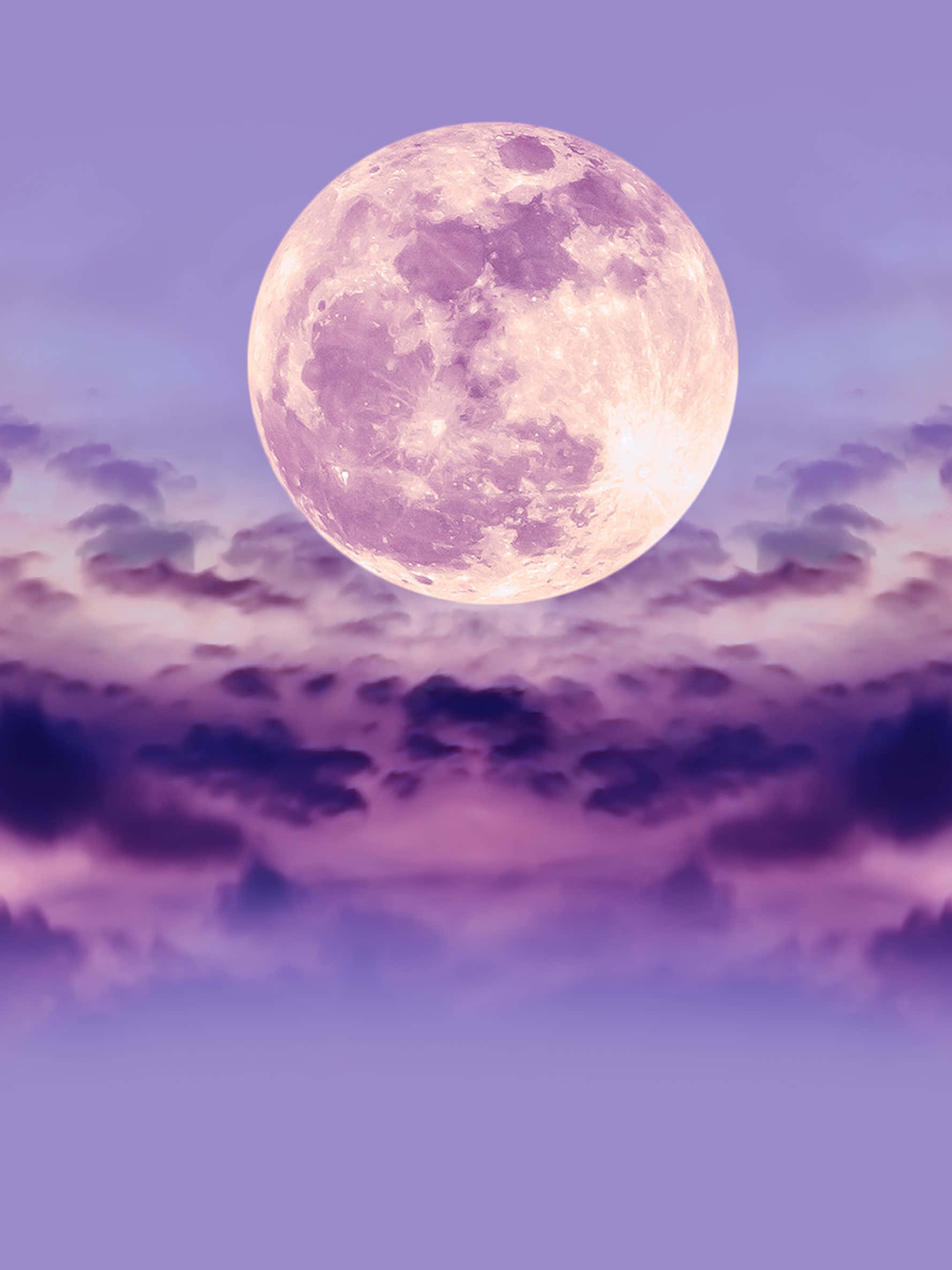 Pretty Moon 桌布 壁紙 — 一輪明亮的滿月在暮色天空下，在夢幻般的紫色雲海上柔和地發光。
